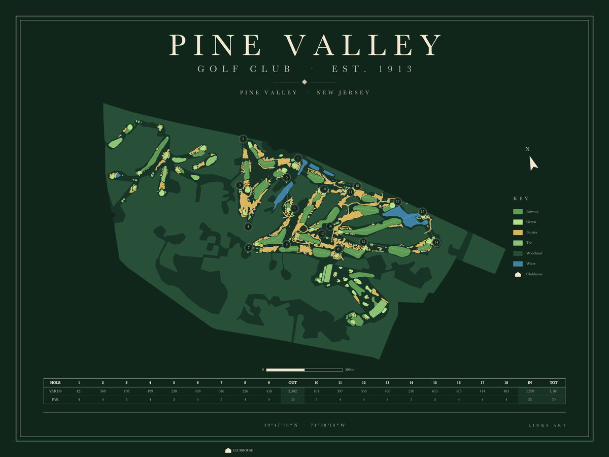 Pine Valley golf course map poster, Fescue, landscape