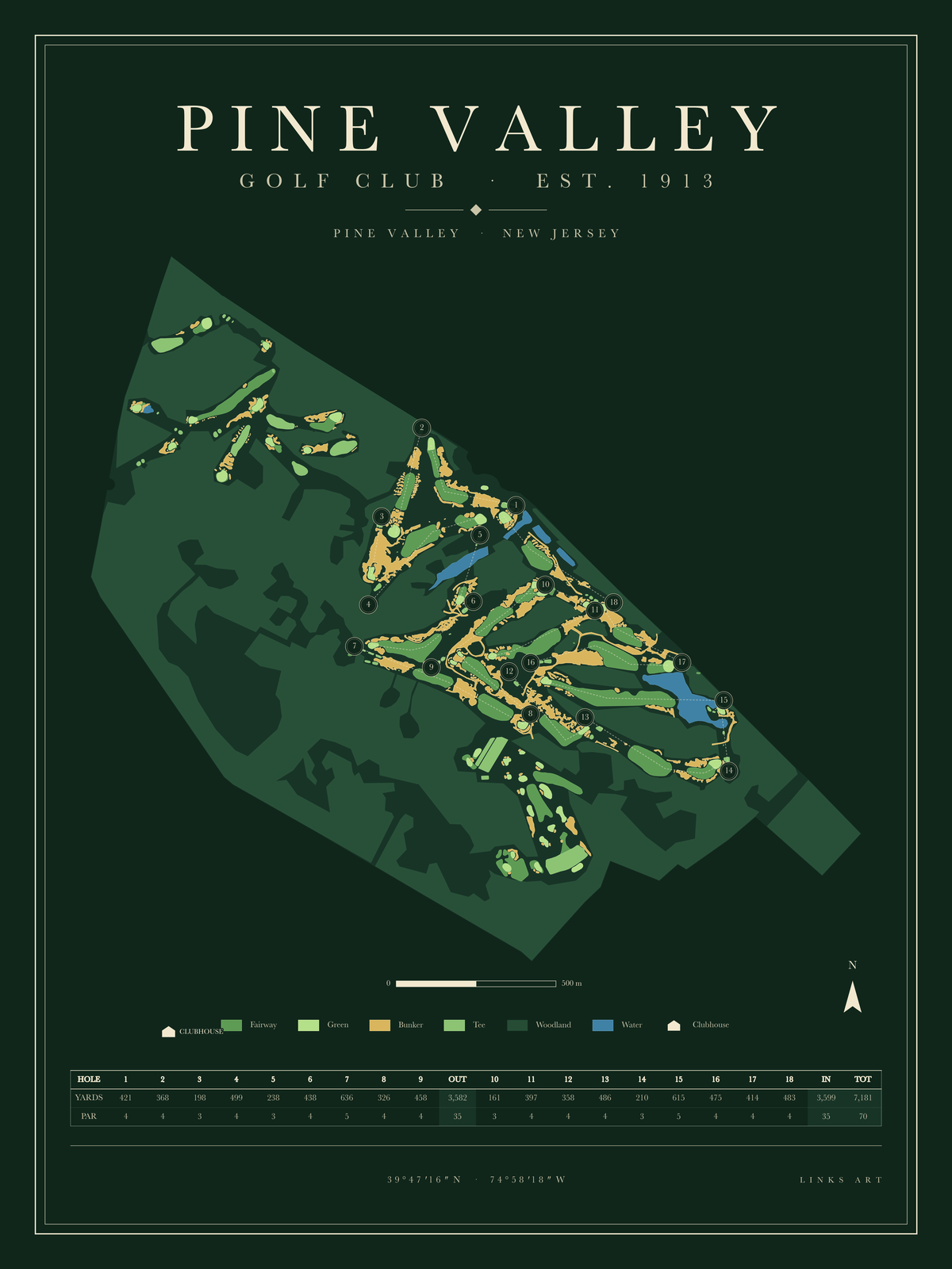 Pine Valley golf course map poster, Fescue, portrait