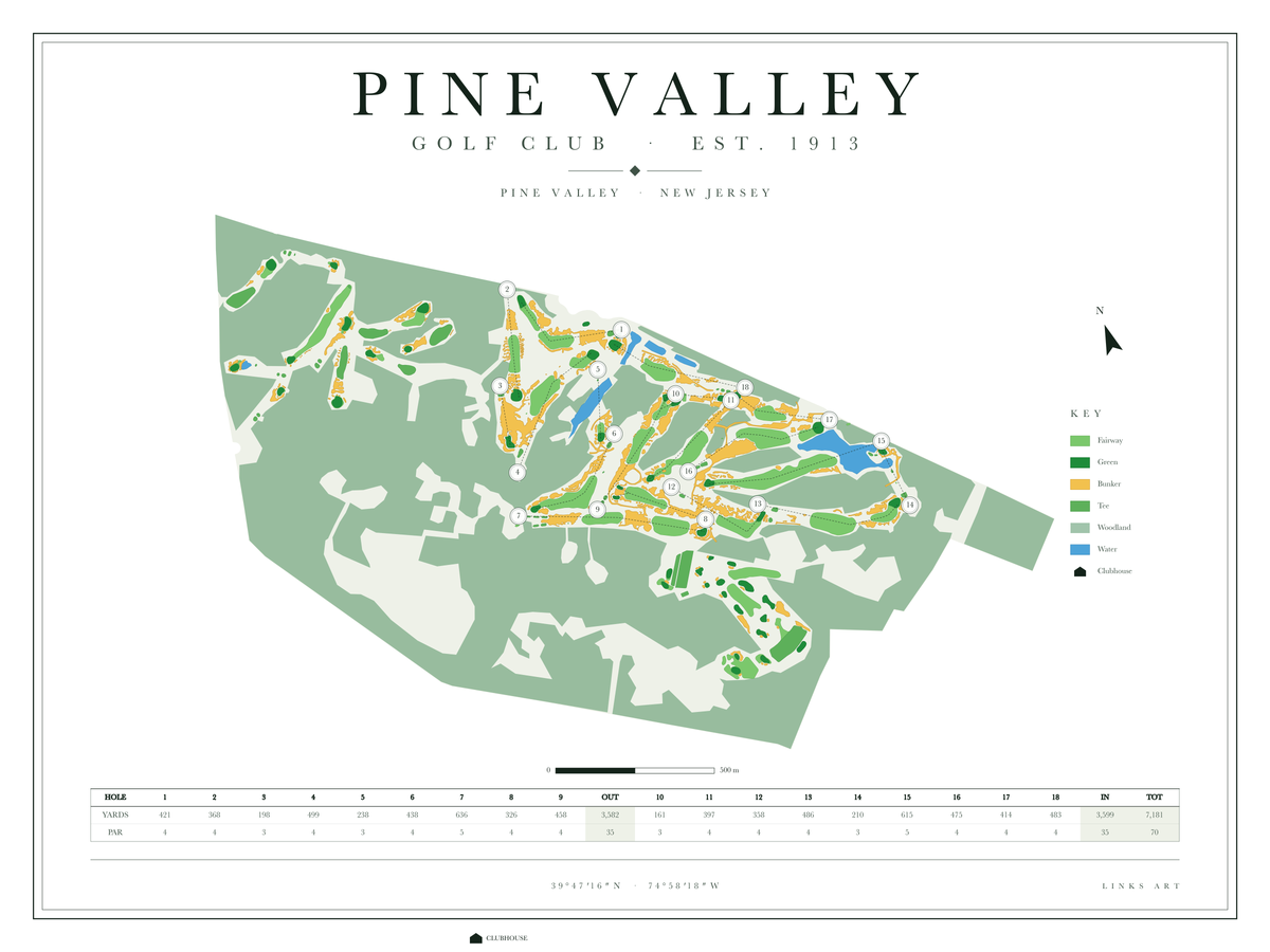 Pine Valley golf course map poster, Chalk, landscape