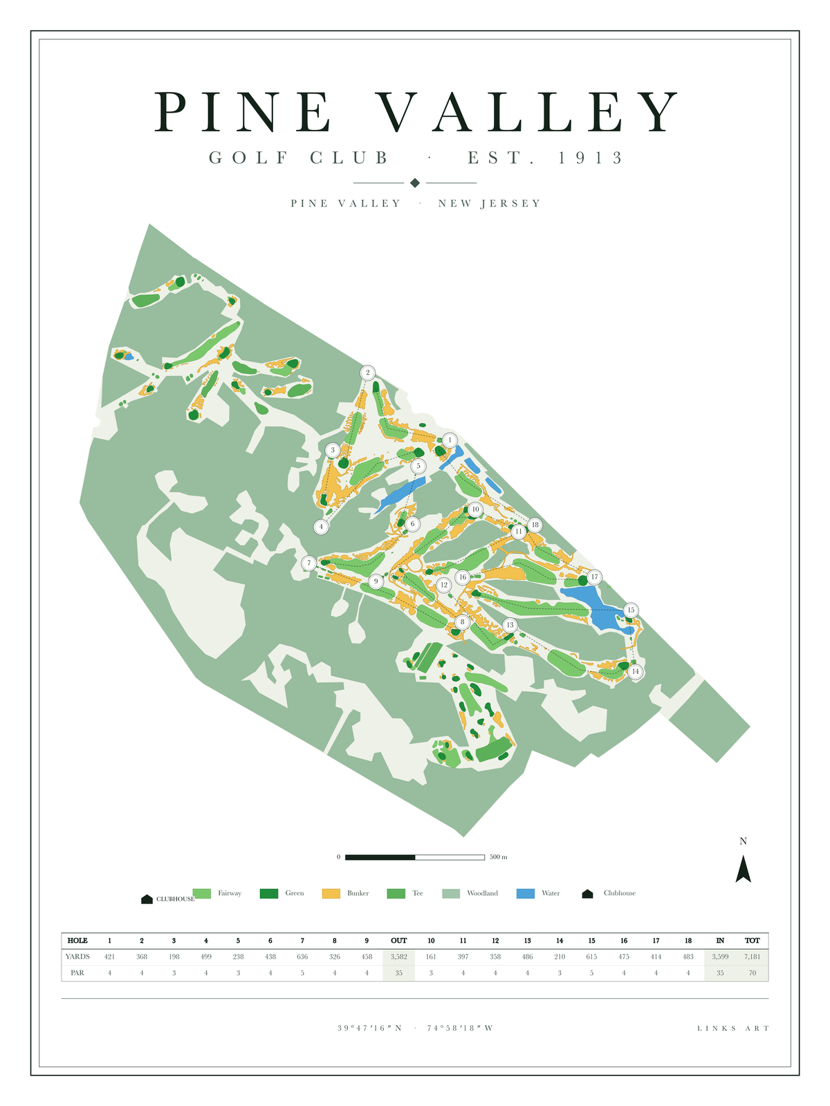 Pine Valley golf course map poster, Chalk, portrait