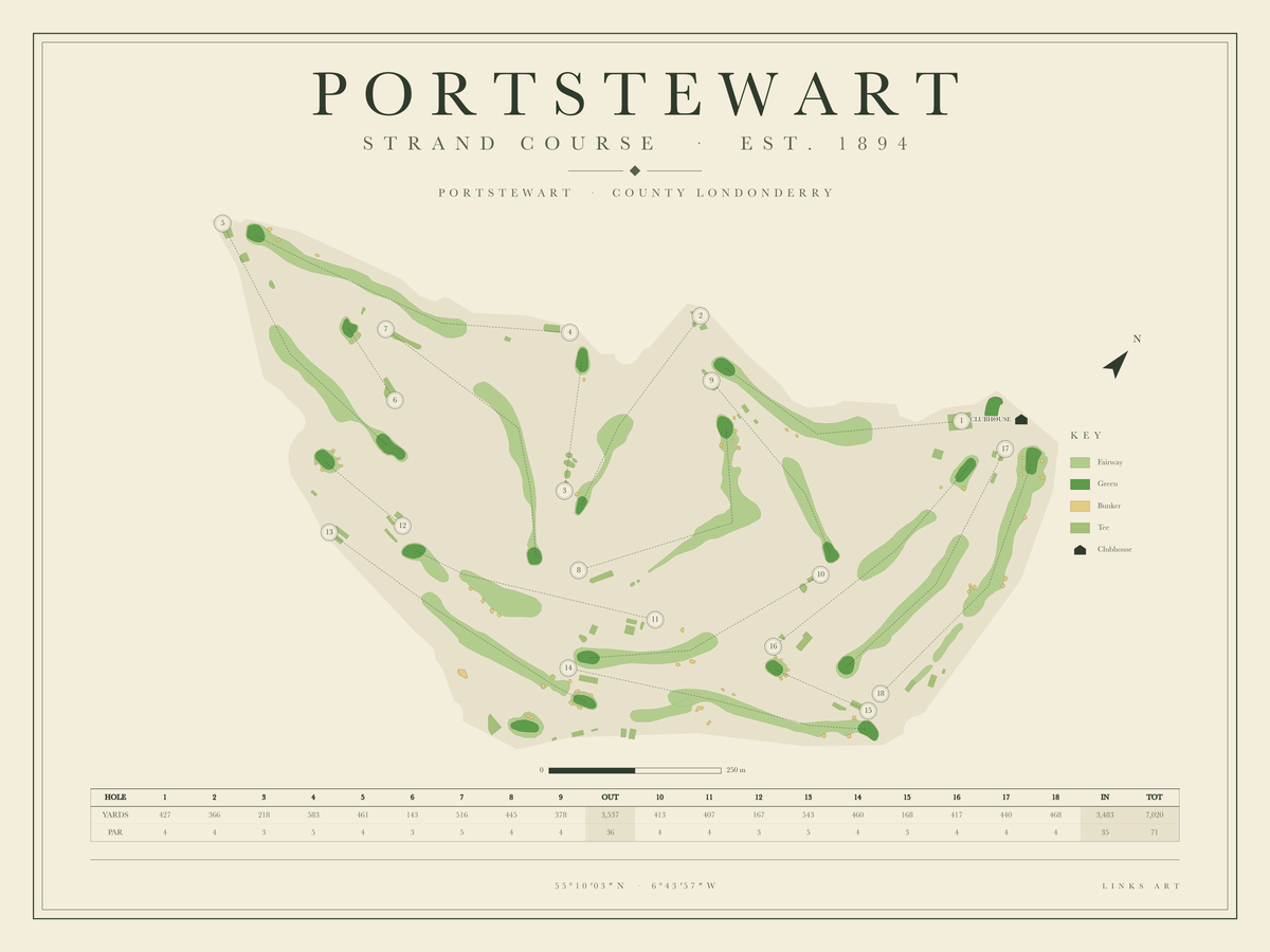 Portstewart Strand Course golf course map poster, landscape