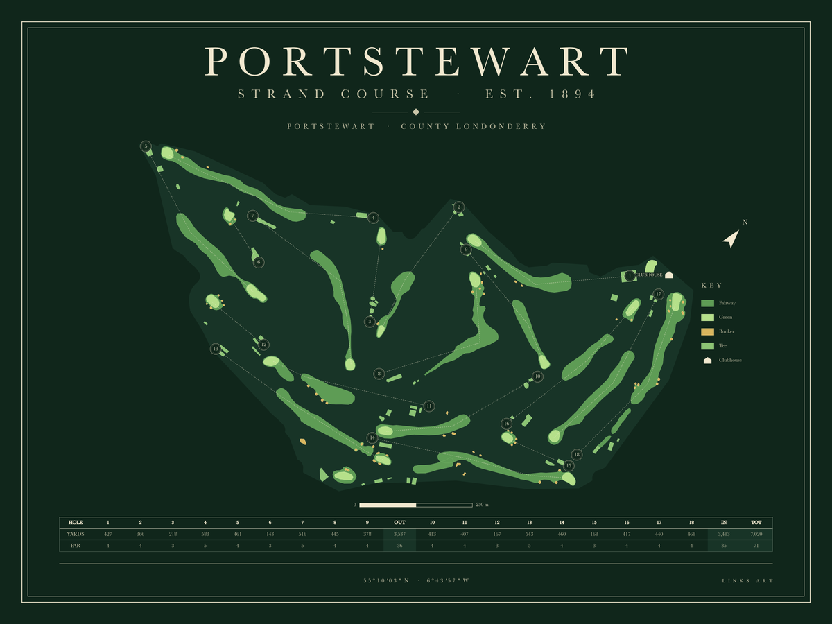 Portstewart Strand Course golf course map poster, Fescue, landscape