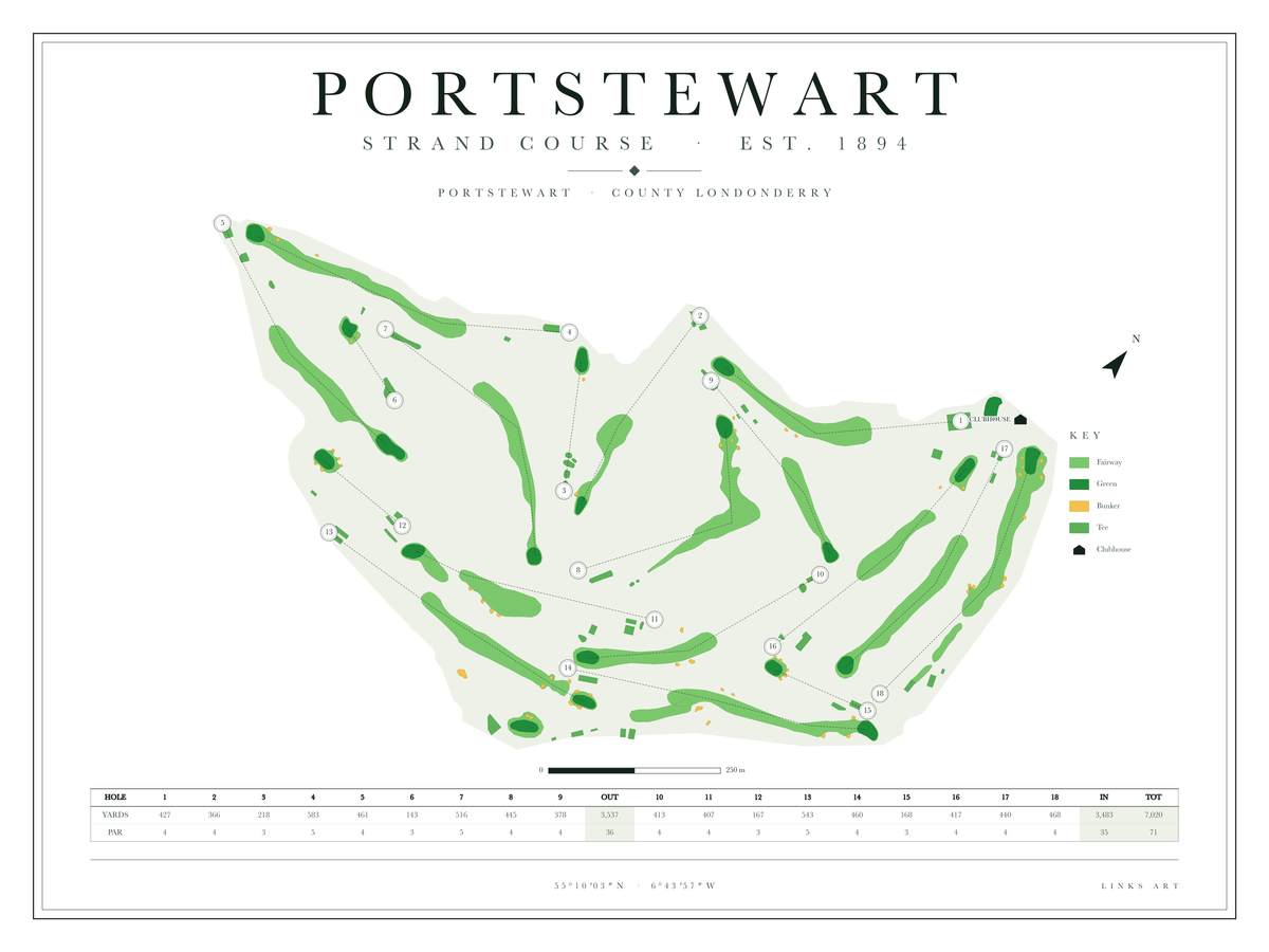 Portstewart Strand Course golf course map poster, Chalk, landscape