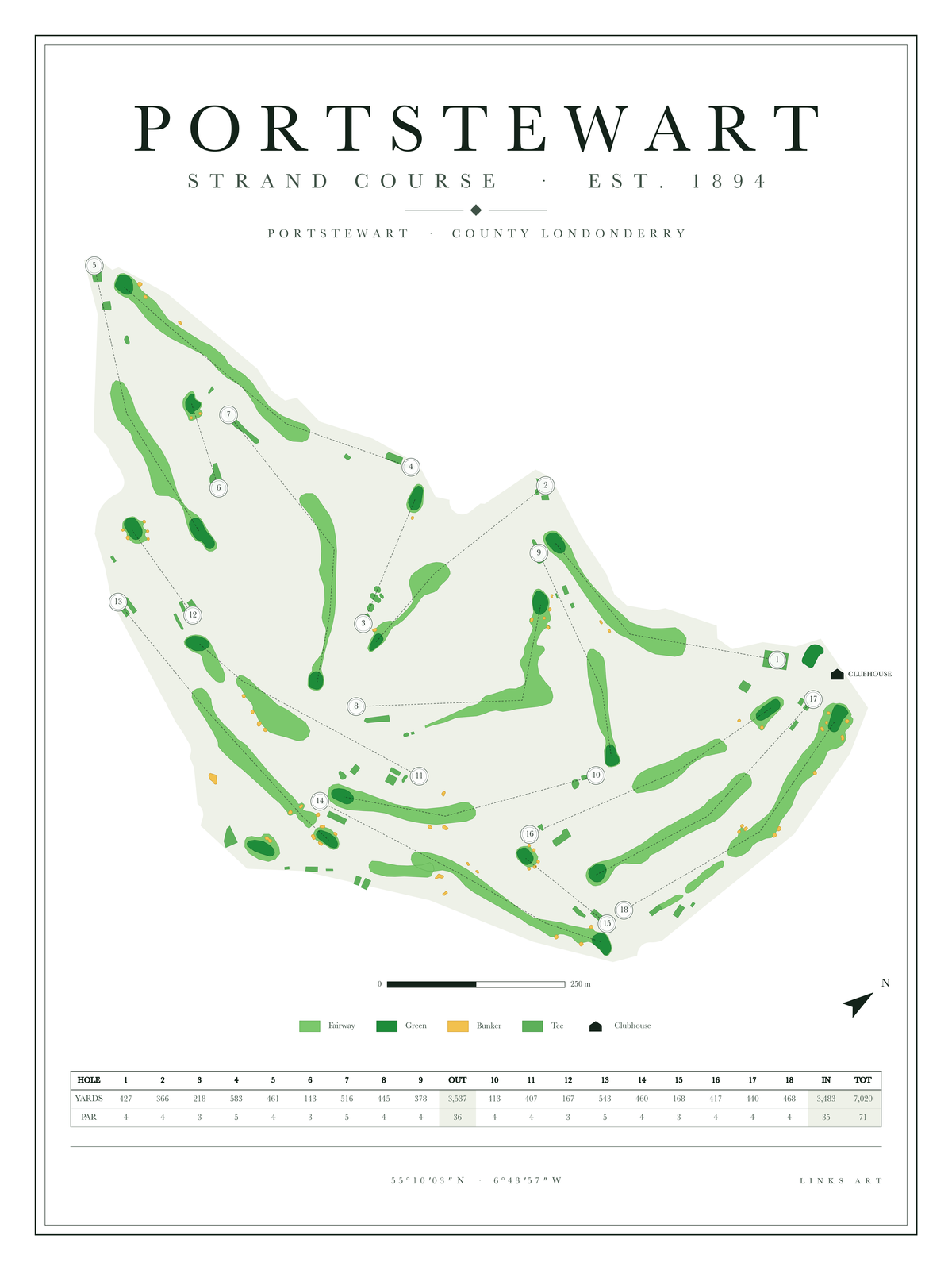 Portstewart Strand Course golf course map poster, Chalk, portrait