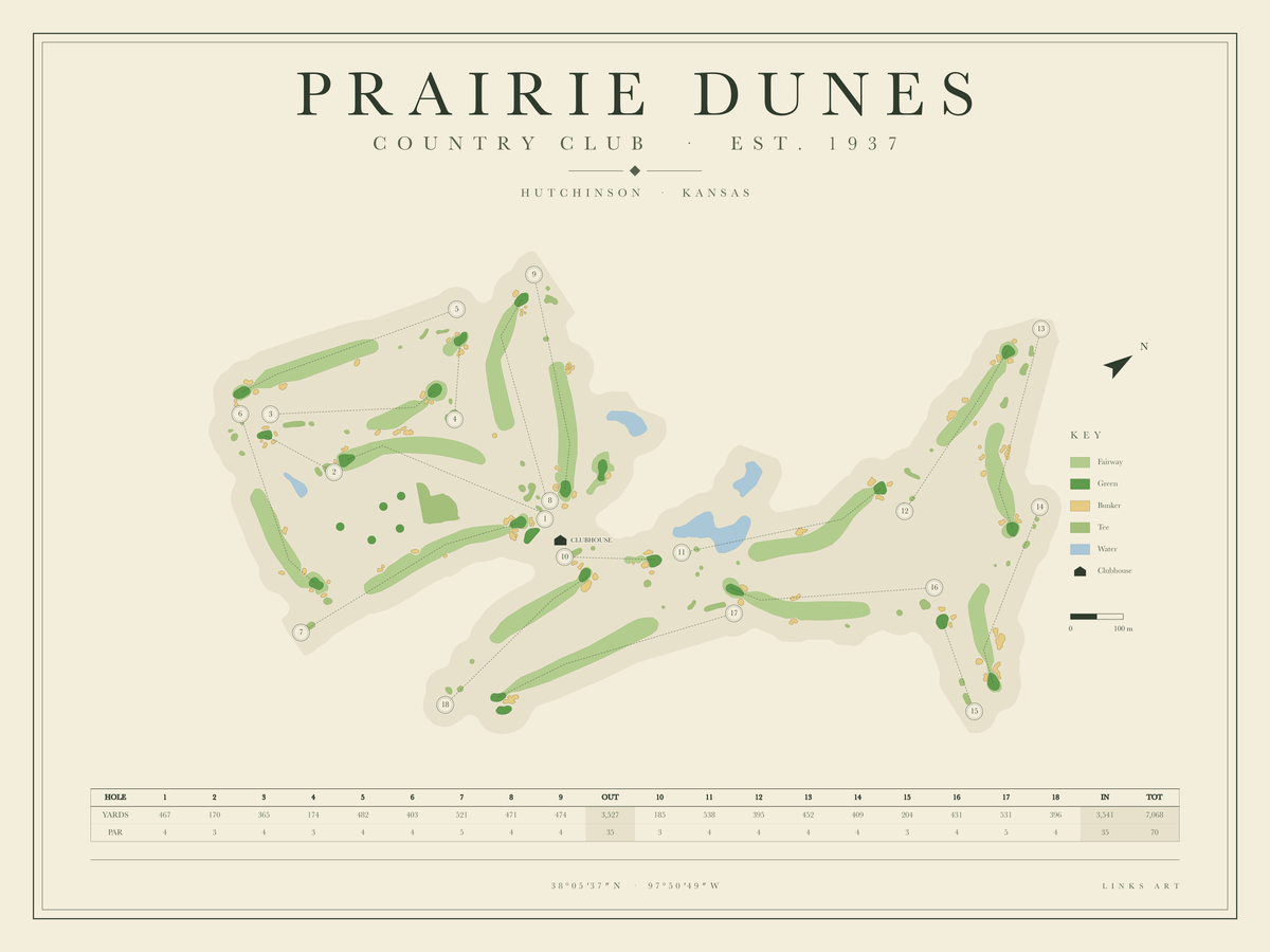 Prairie Dunes golf course map poster, landscape