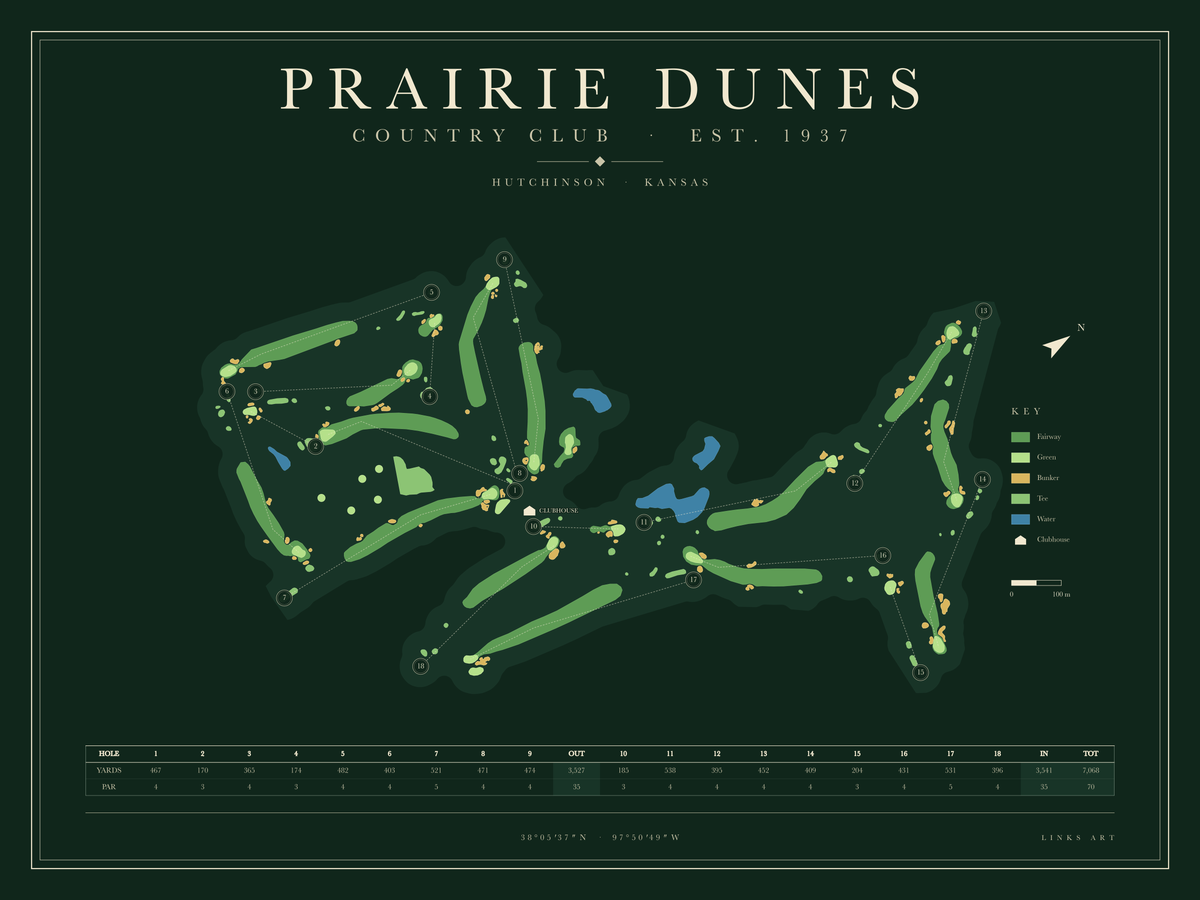 Prairie Dunes golf course map poster, Fescue, landscape