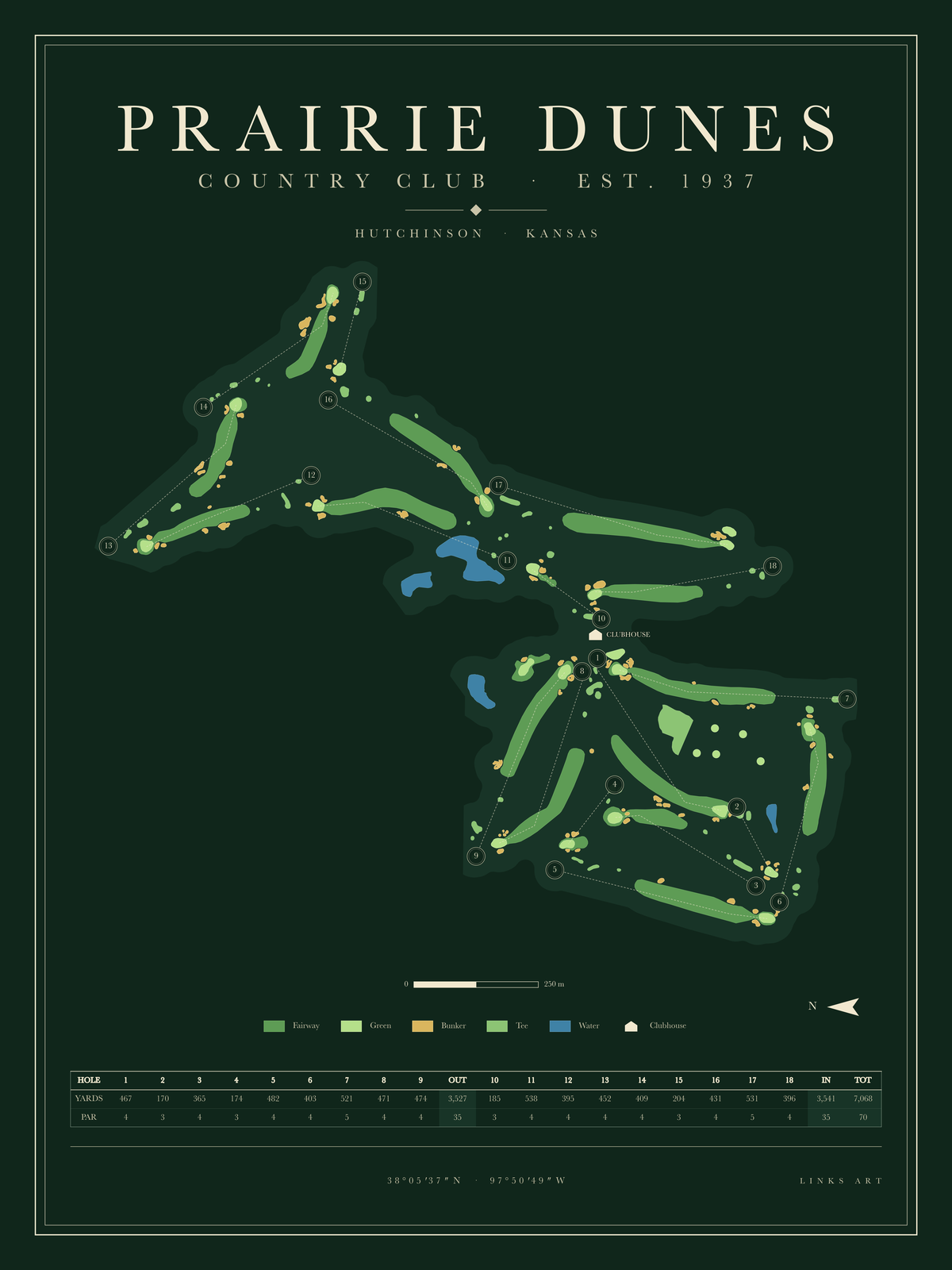 Prairie Dunes golf course map poster, Fescue, portrait