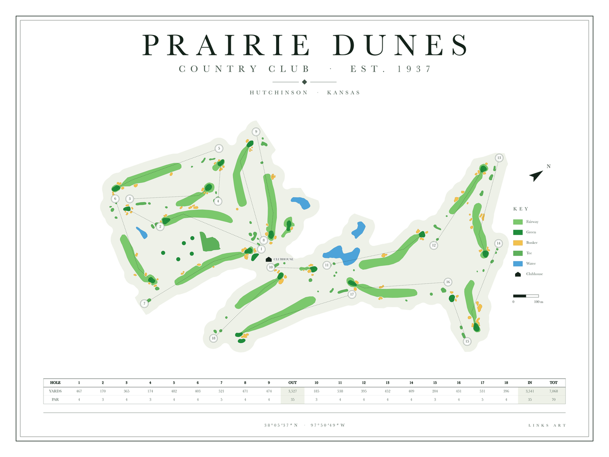 Prairie Dunes golf course map poster, Chalk, landscape