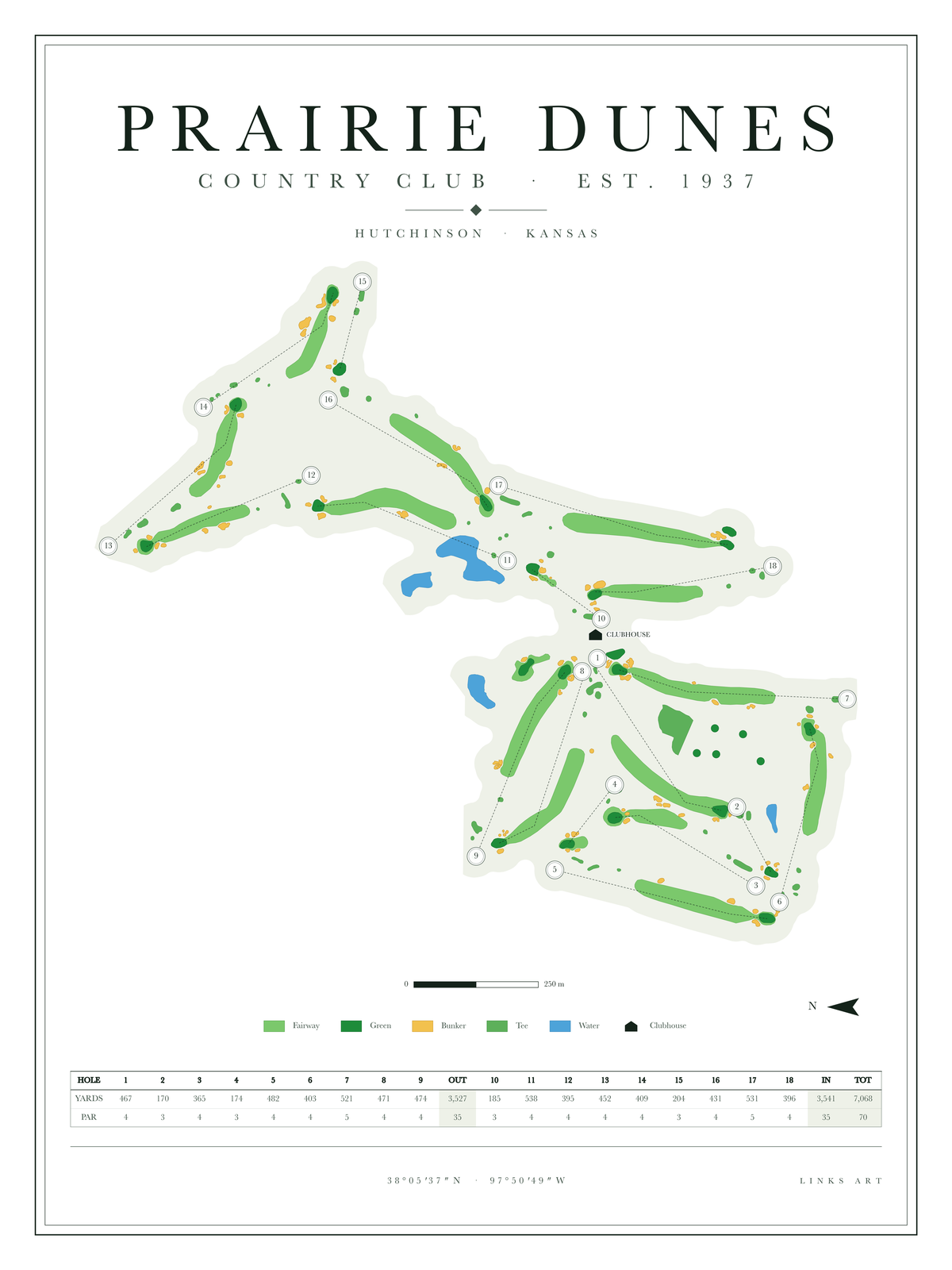 Prairie Dunes golf course map poster, Chalk, portrait