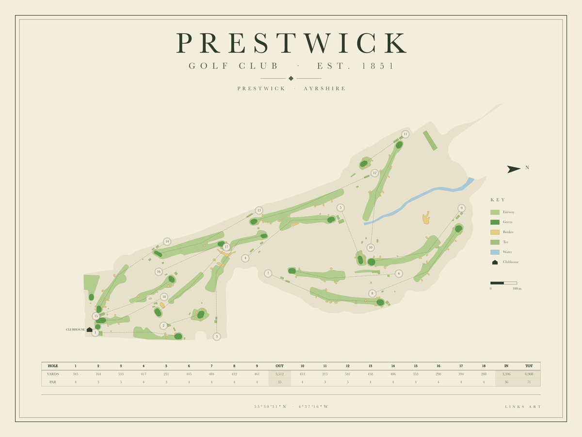 Prestwick golf course map poster, landscape