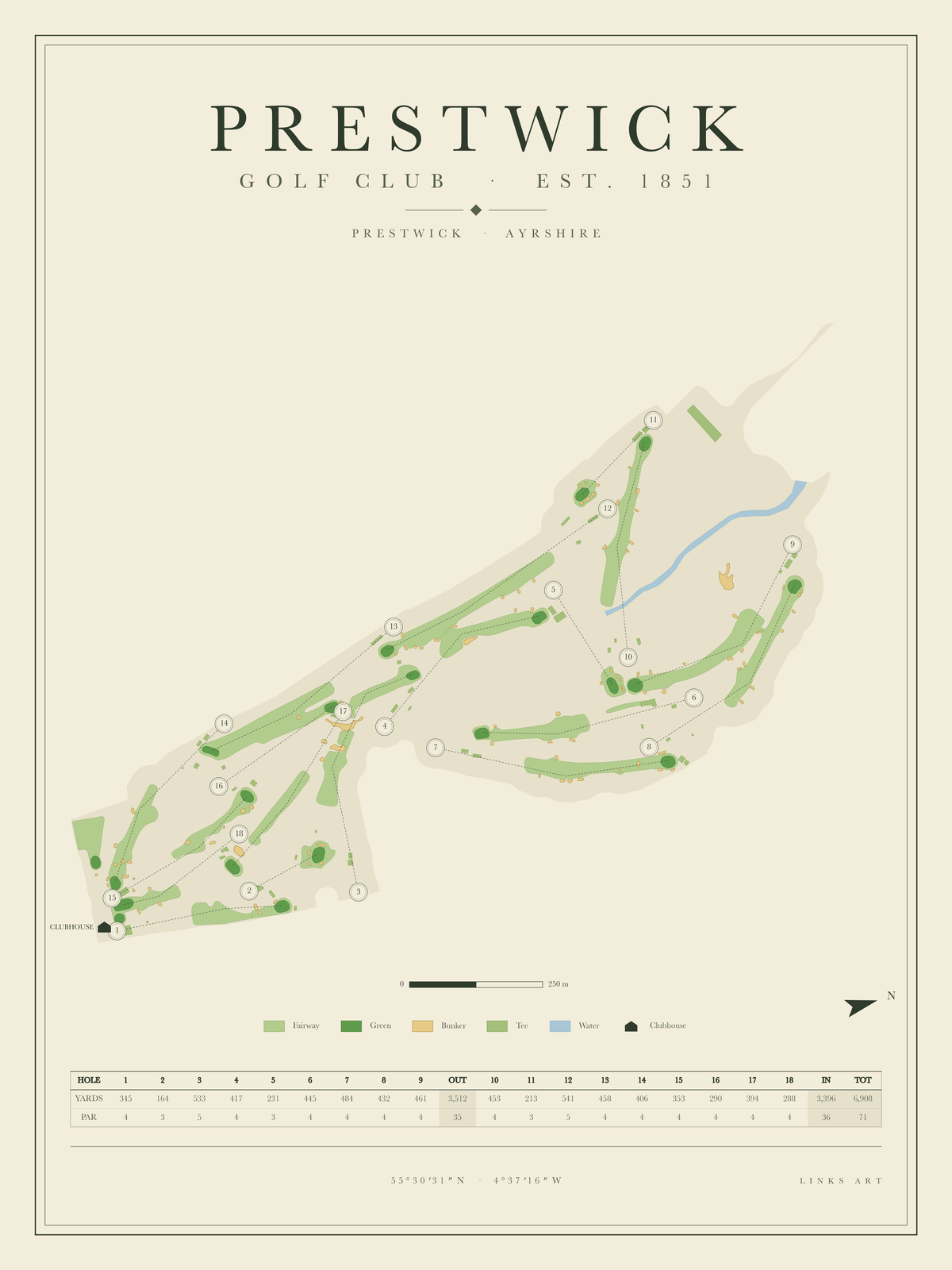 Prestwick golf course map poster, portrait