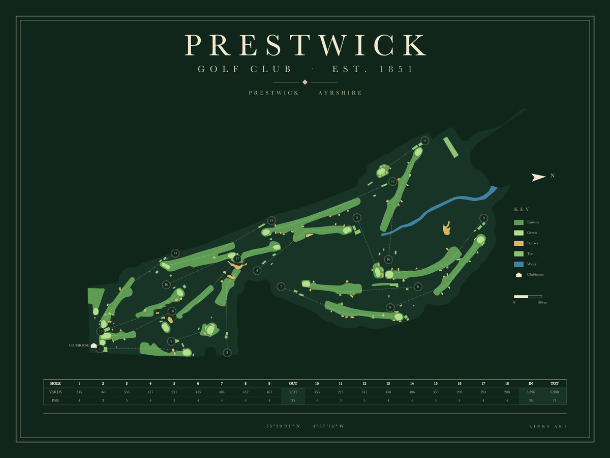 Prestwick golf course map poster, Fescue, landscape