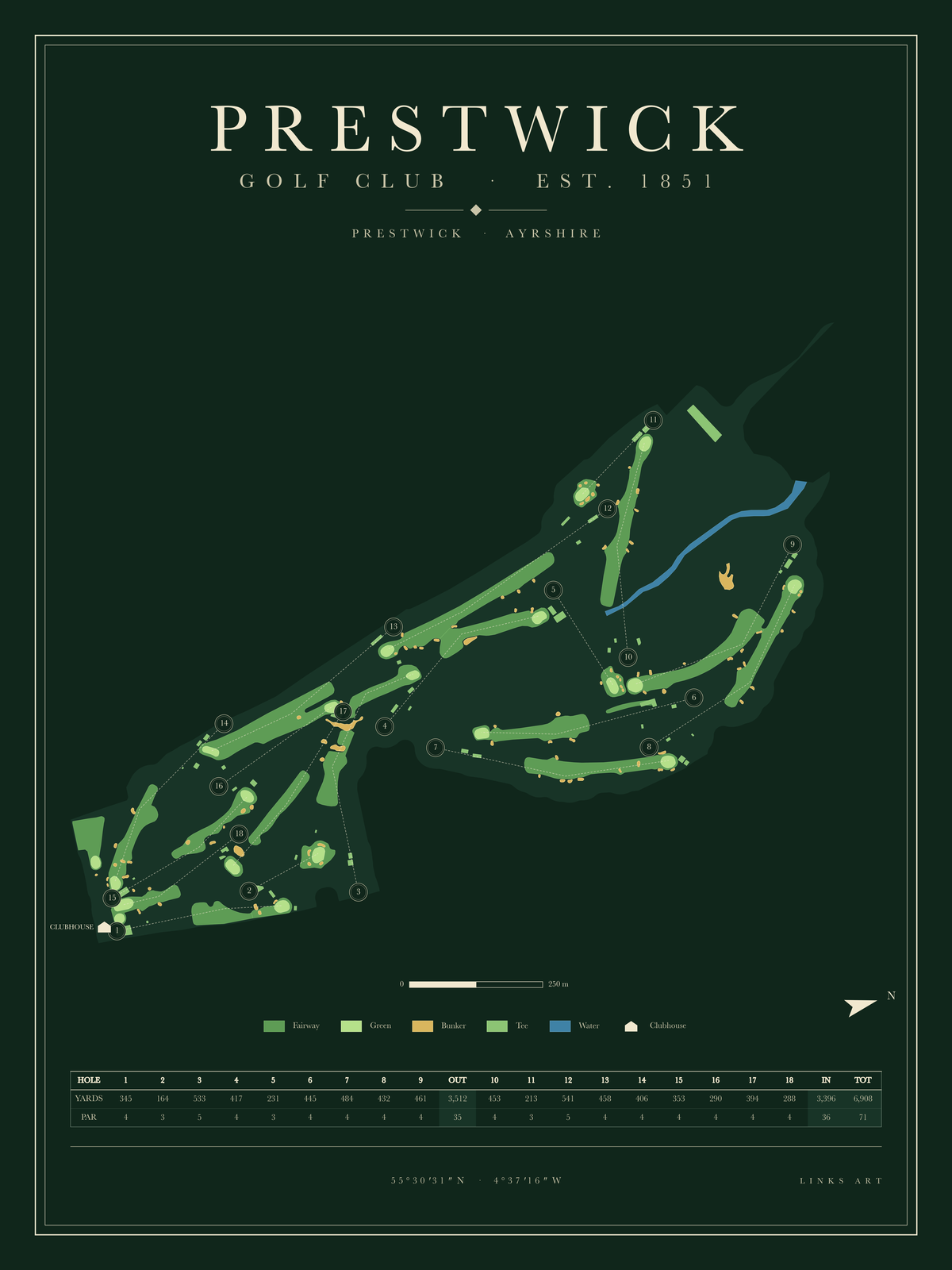 Prestwick golf course map poster, Fescue, portrait