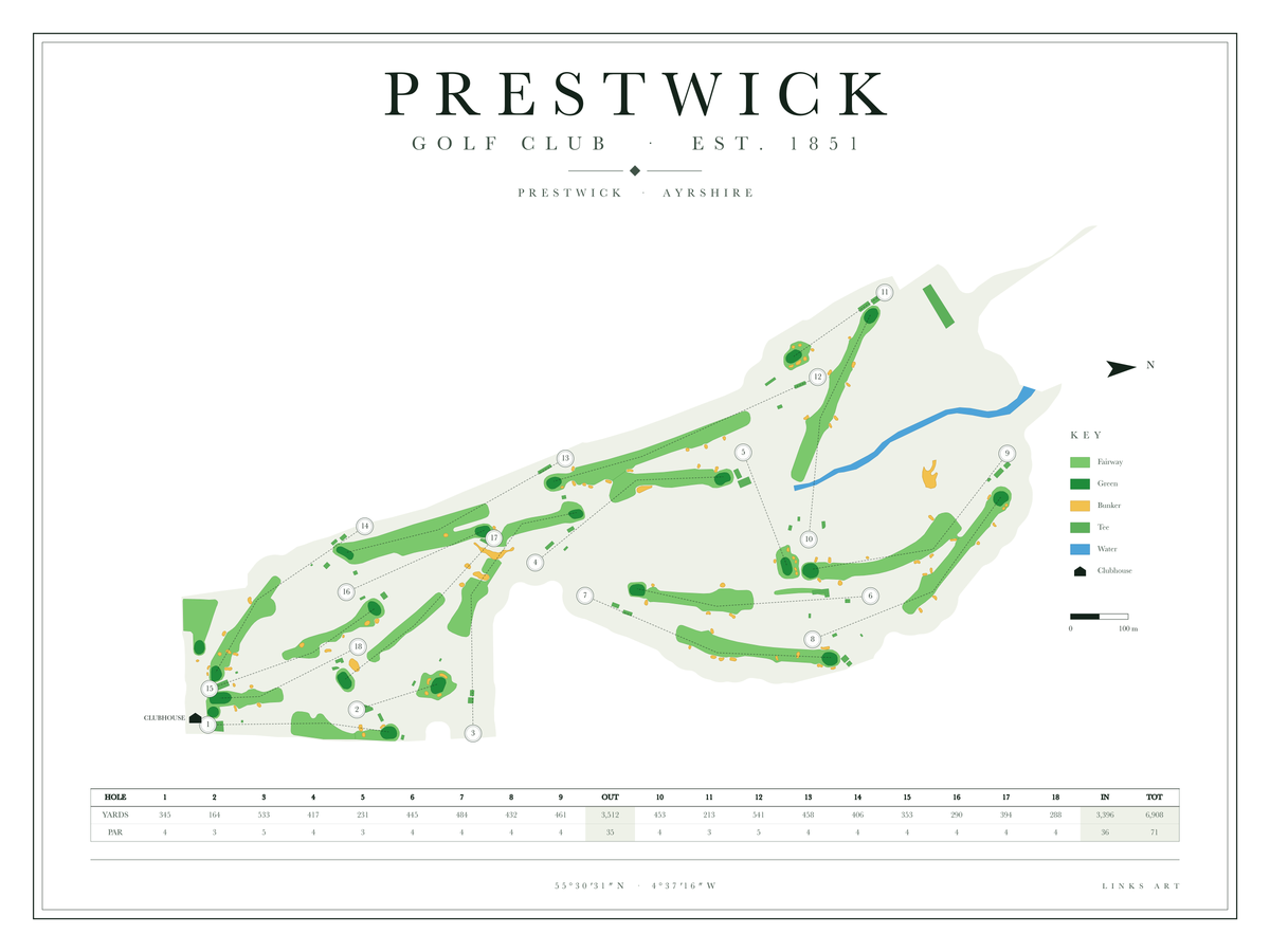 Prestwick golf course map poster, Chalk, landscape