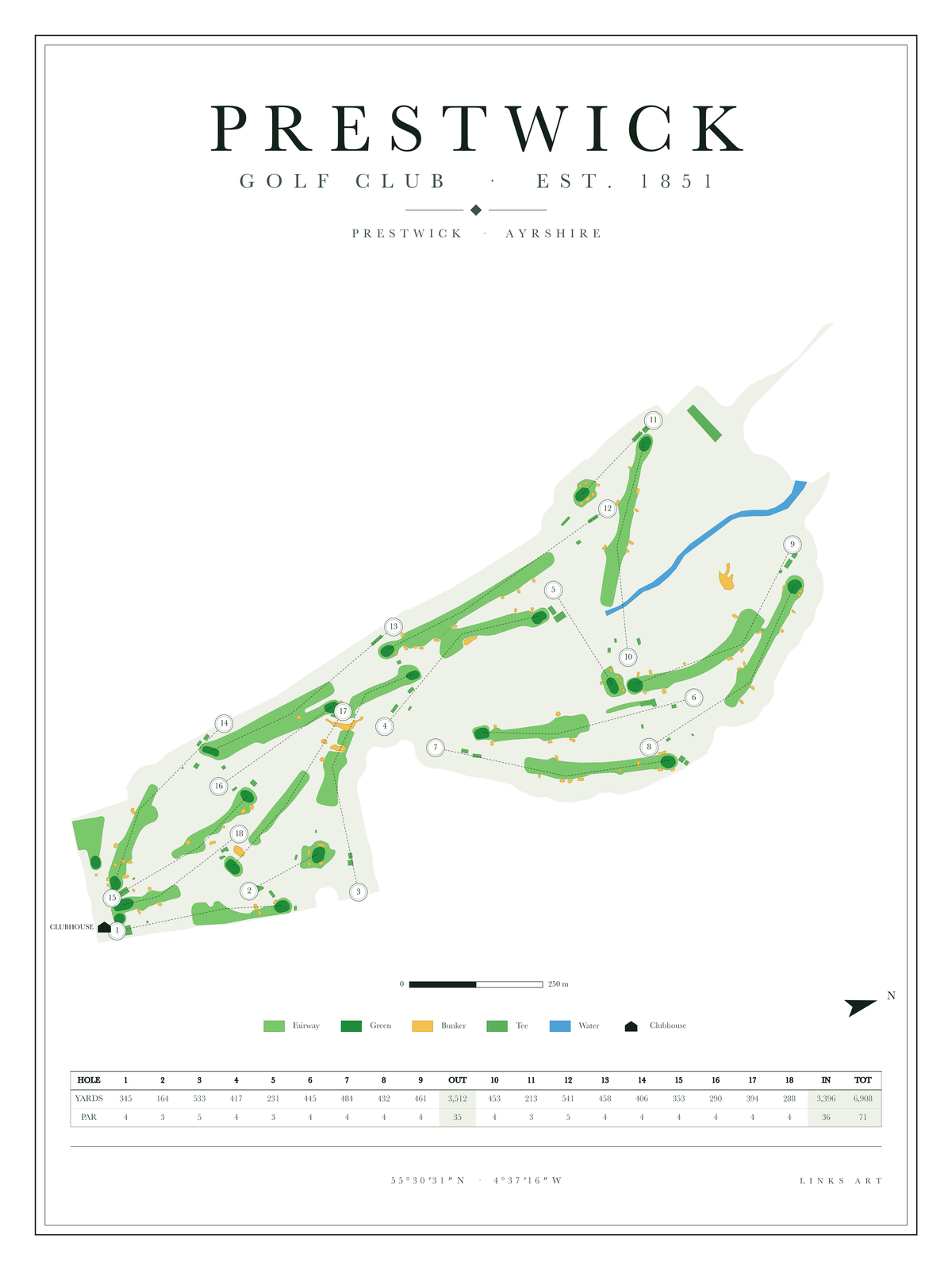 Prestwick golf course map poster, Chalk, portrait