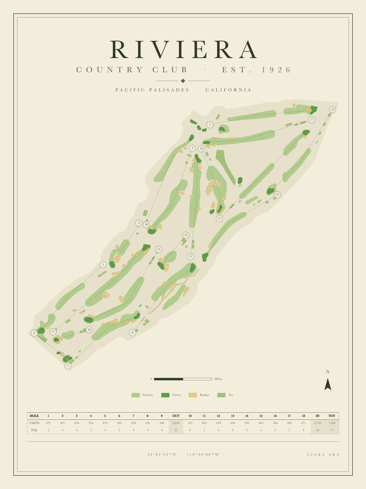 Riviera golf course map poster, portrait