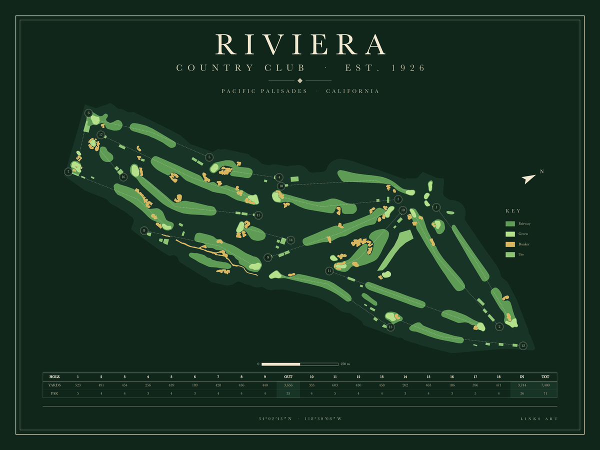 Riviera golf course map poster, Fescue, landscape