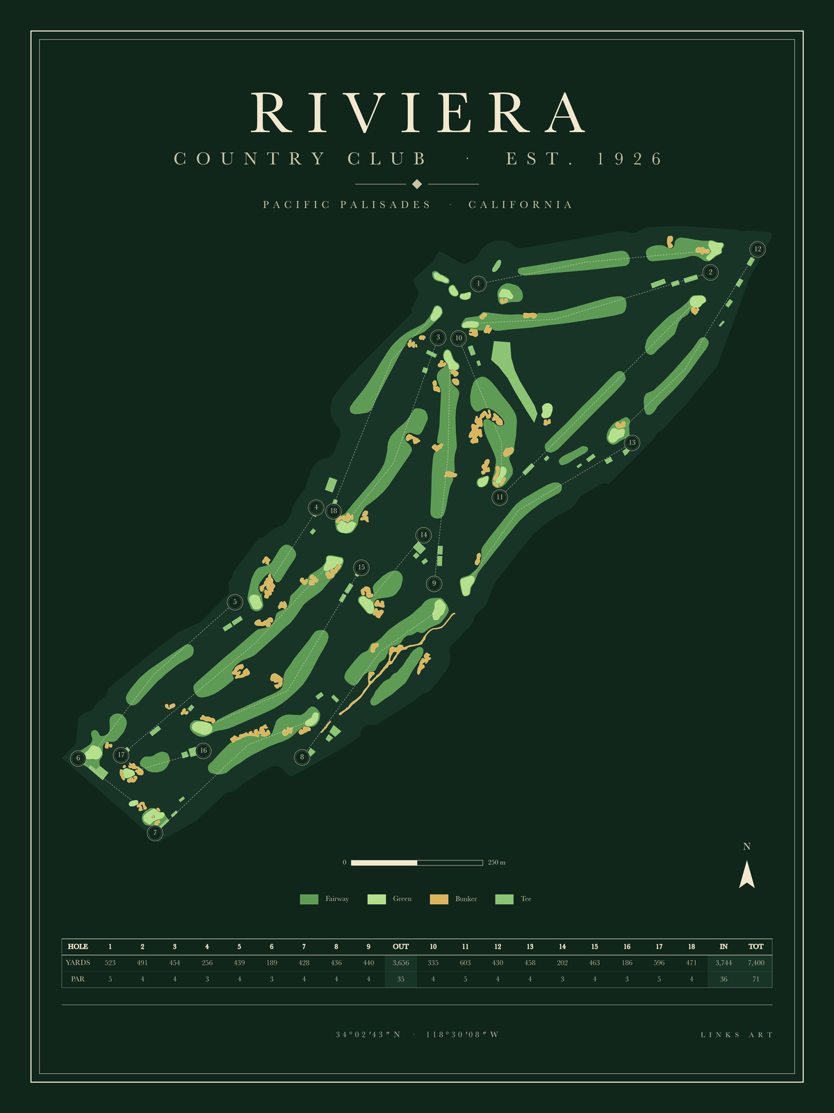 Riviera golf course map poster, Fescue, portrait