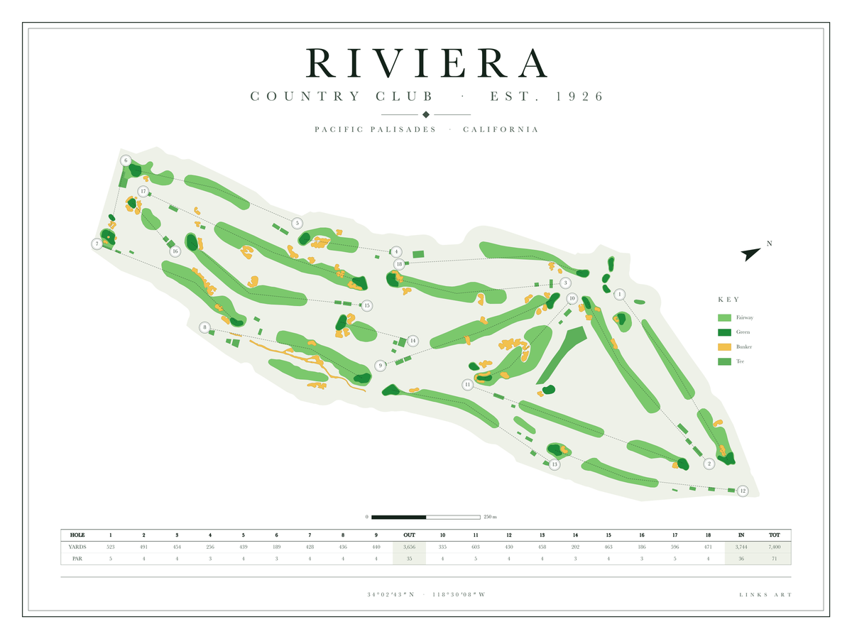 Riviera golf course map poster, Chalk, landscape