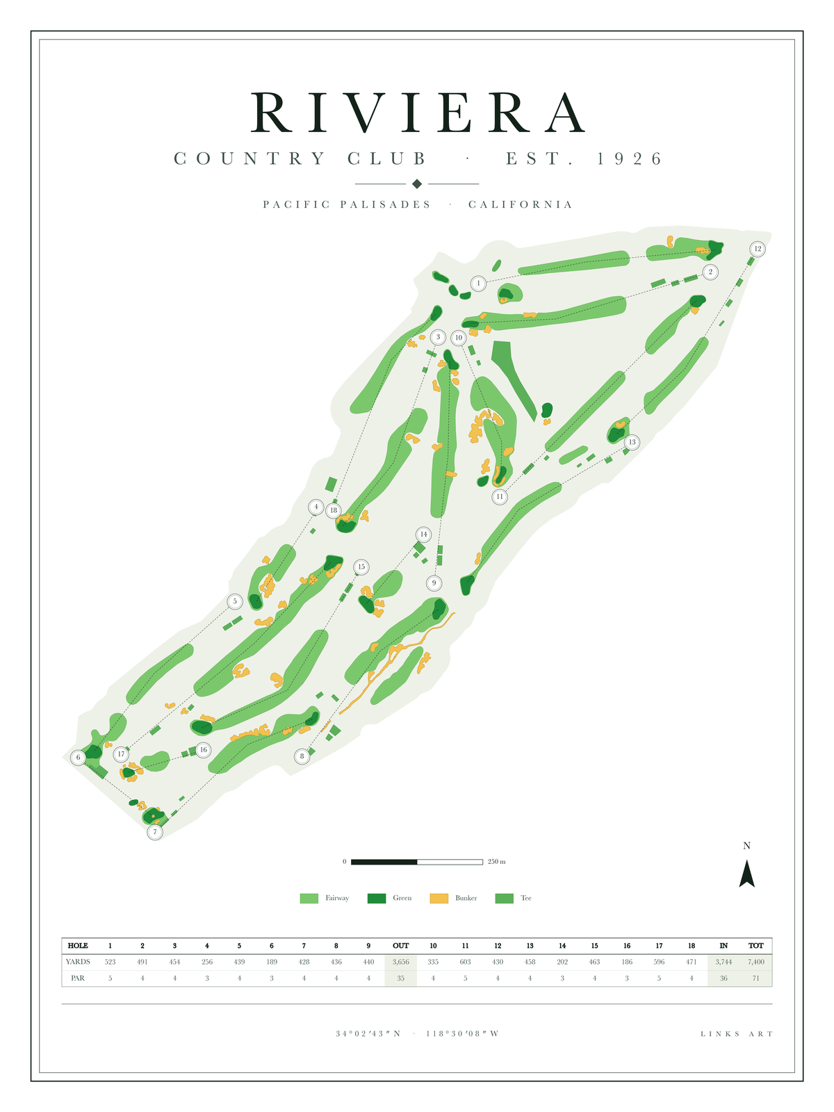 Riviera golf course map poster, Chalk, portrait