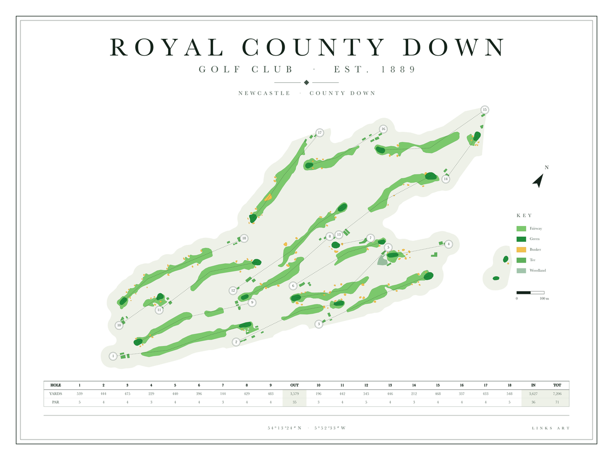 Royal County Down golf course map poster, Chalk, landscape