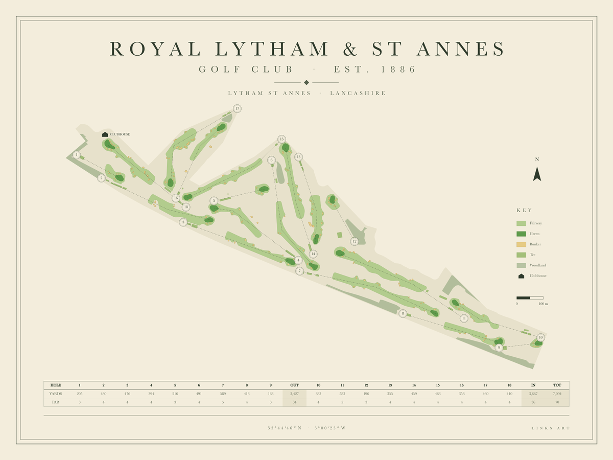 Royal Lytham & St Annes golf course map poster, landscape