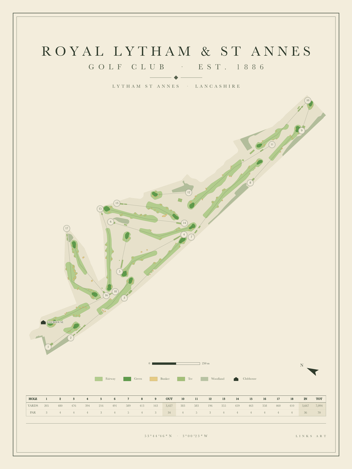 Royal Lytham & St Annes golf course map poster, portrait