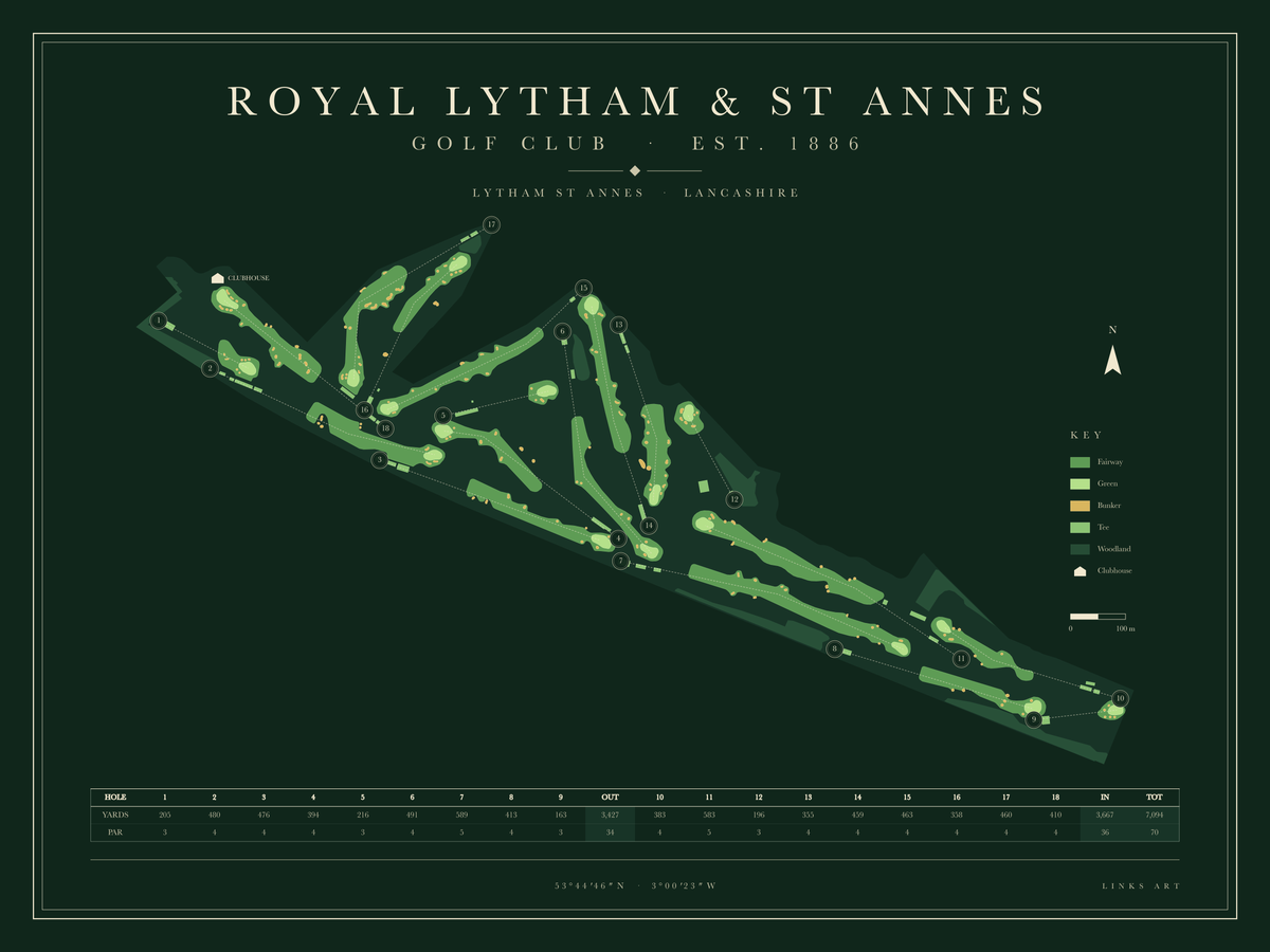 Royal Lytham & St Annes golf course map poster, Fescue, landscape