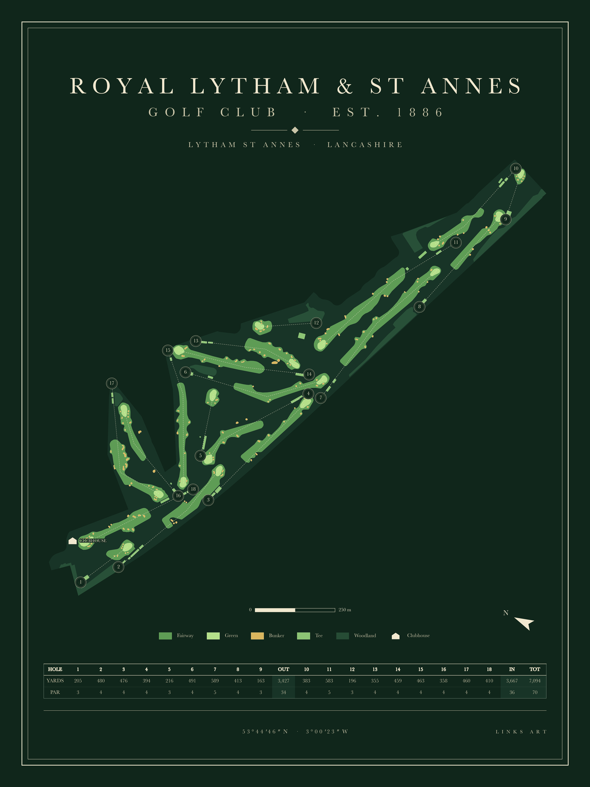 Royal Lytham & St Annes golf course map poster, Fescue, portrait
