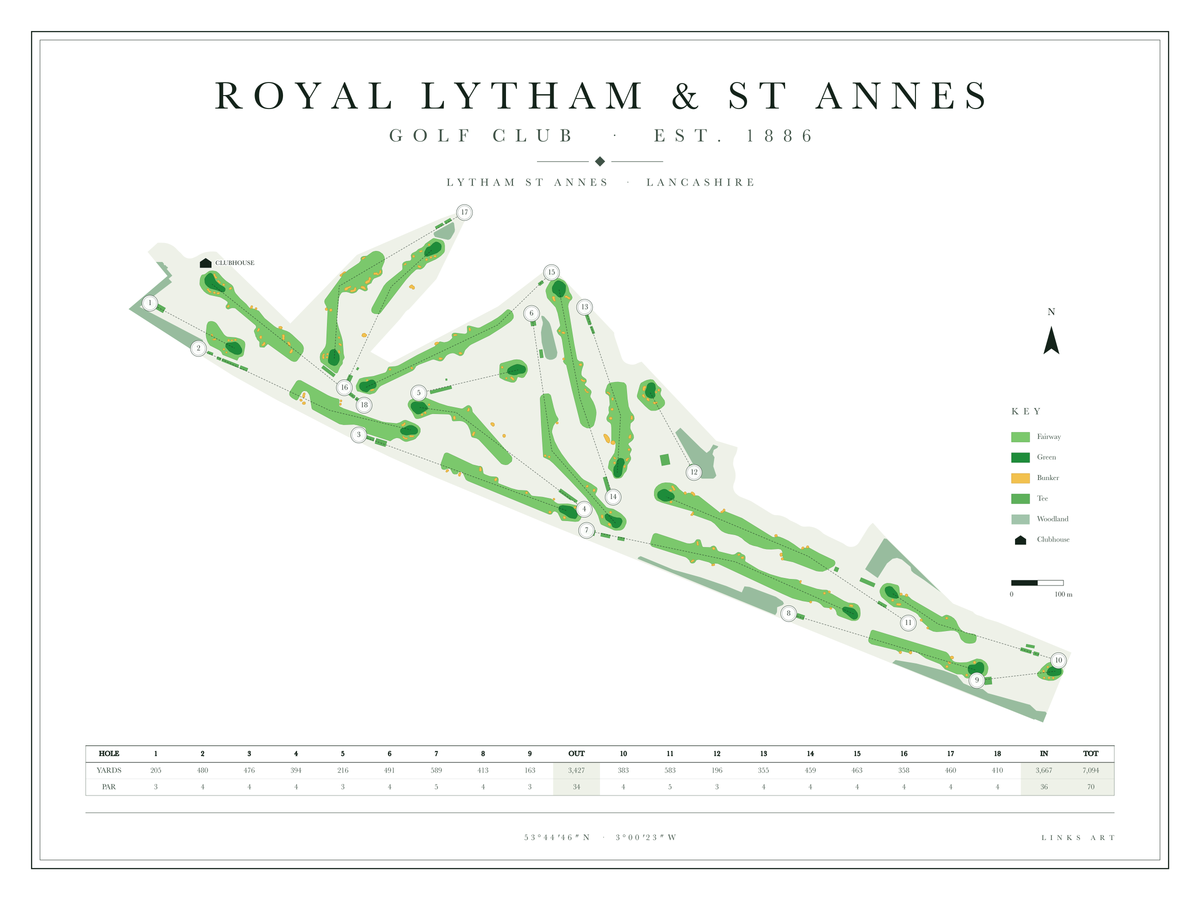 Royal Lytham & St Annes golf course map poster, Chalk, landscape