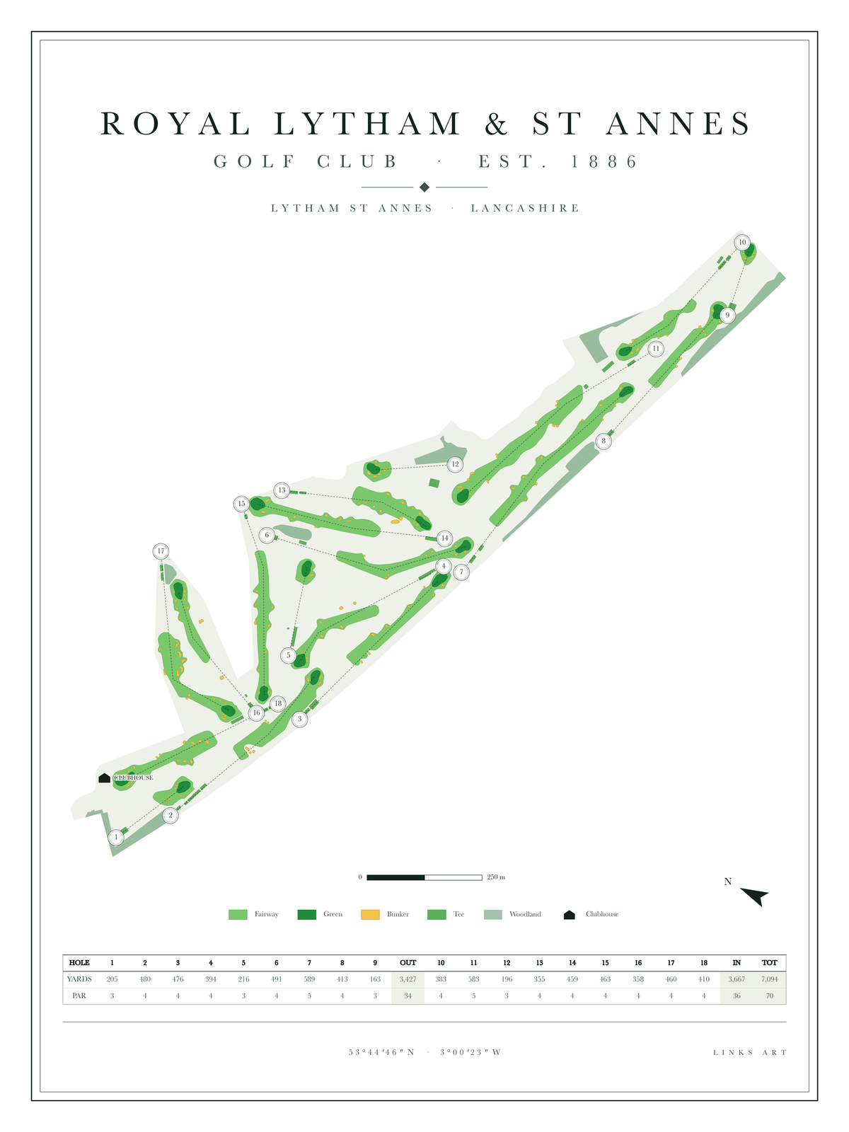 Royal Lytham & St Annes golf course map poster, Chalk, portrait