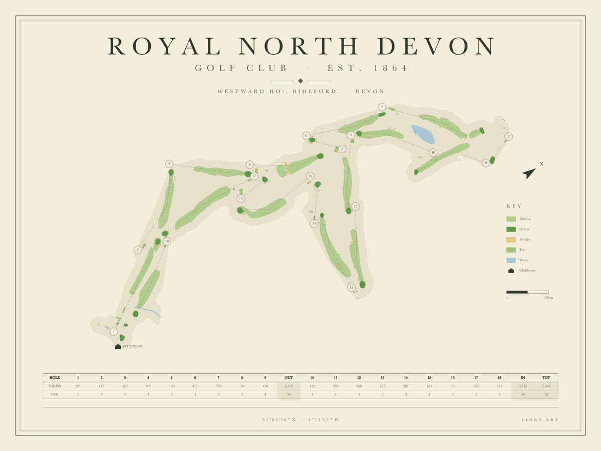Royal North Devon golf course map poster, landscape