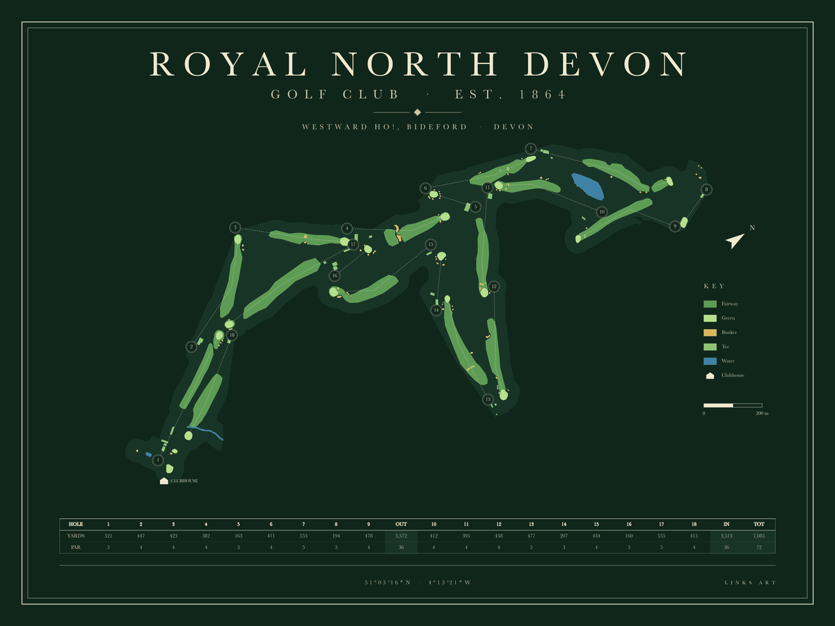 Royal North Devon golf course map poster, Fescue, landscape