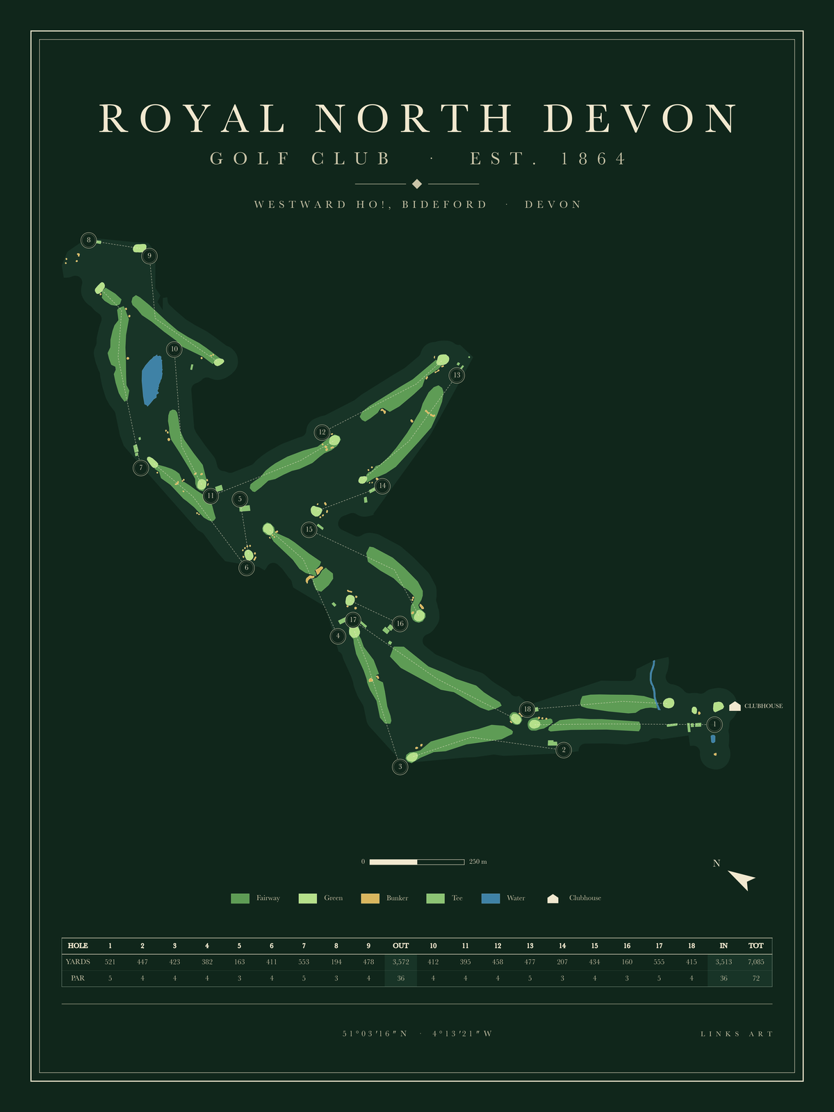 Royal North Devon golf course map poster, Fescue, portrait