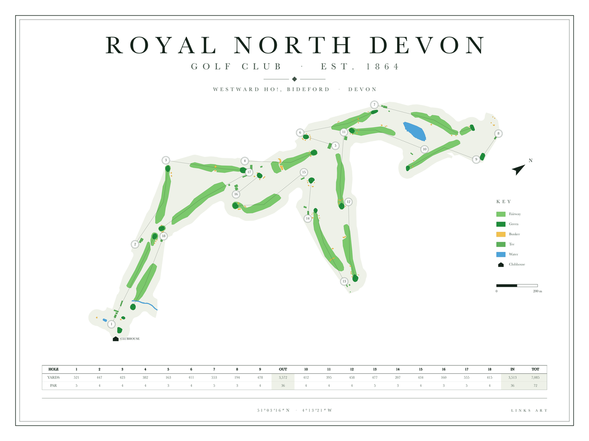 Royal North Devon golf course map poster, Chalk, landscape