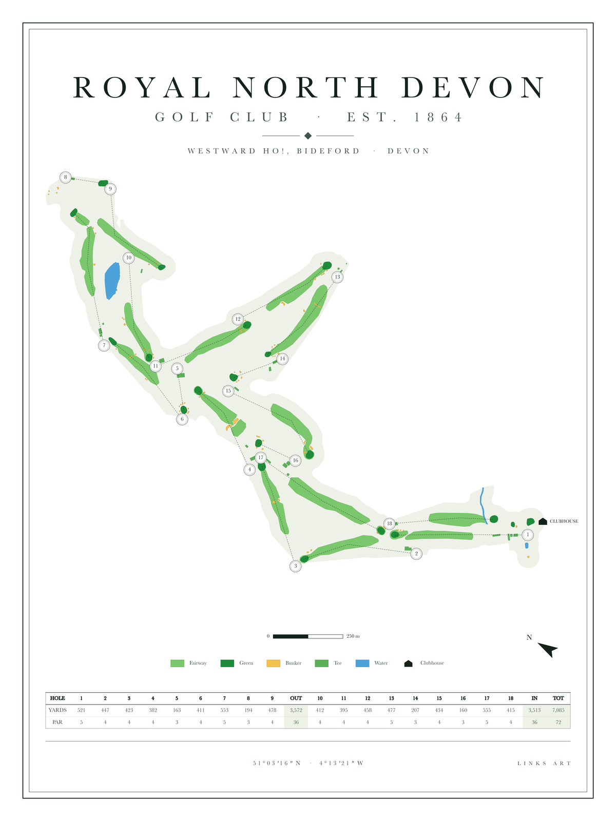 Royal North Devon golf course map poster, Chalk, portrait