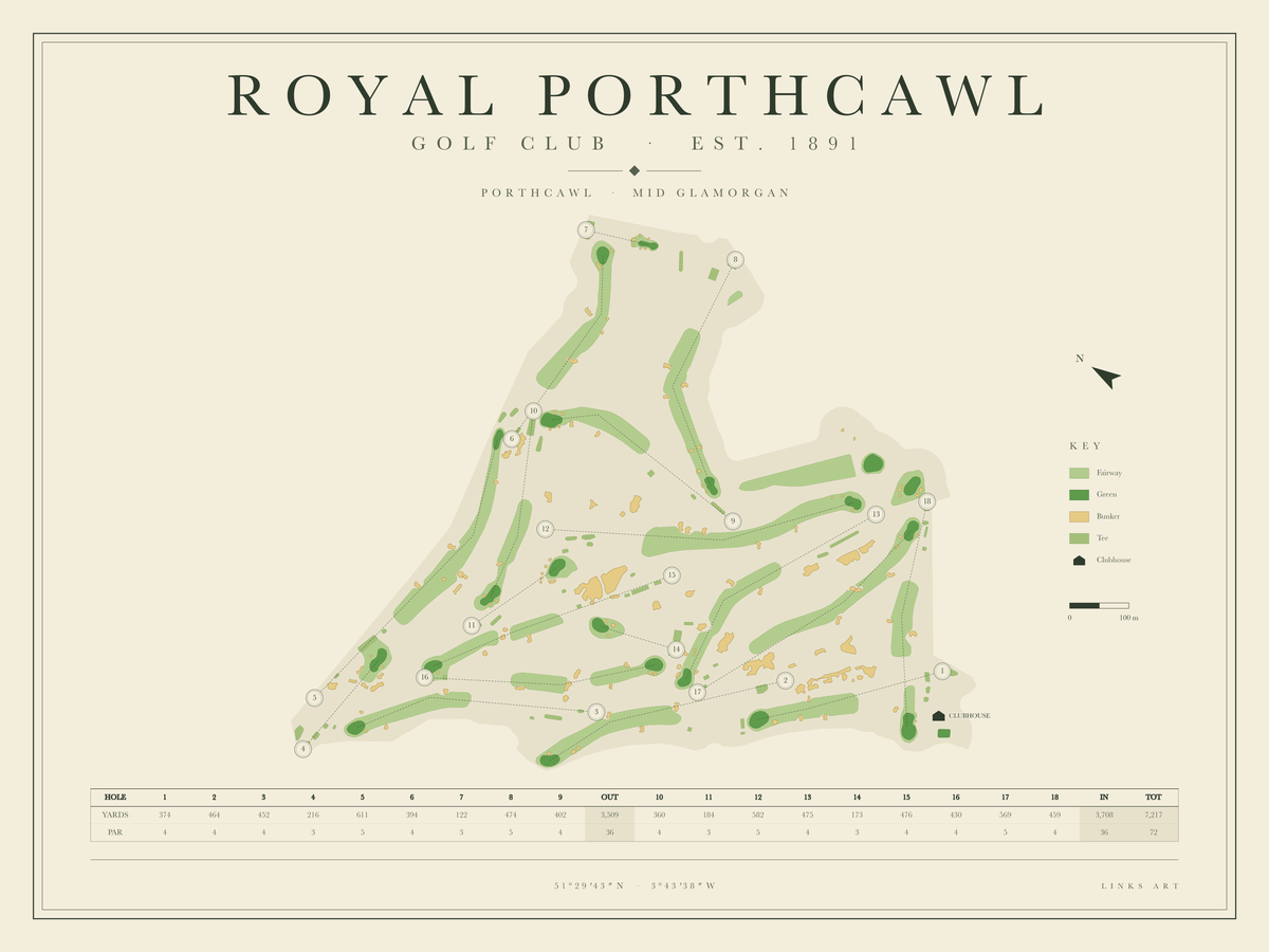 Royal Porthcawl golf course map poster, landscape