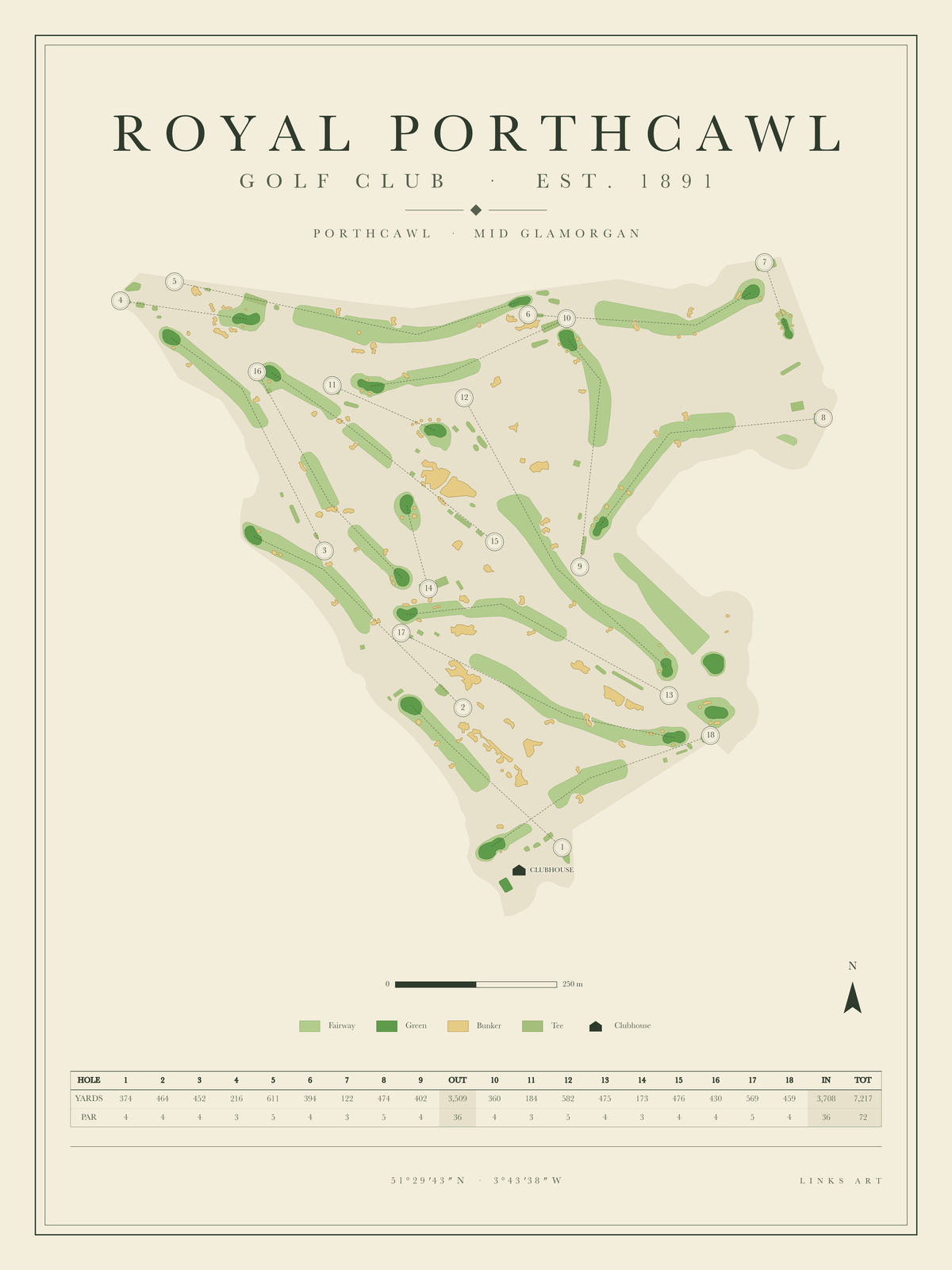 Royal Porthcawl golf course map poster, portrait