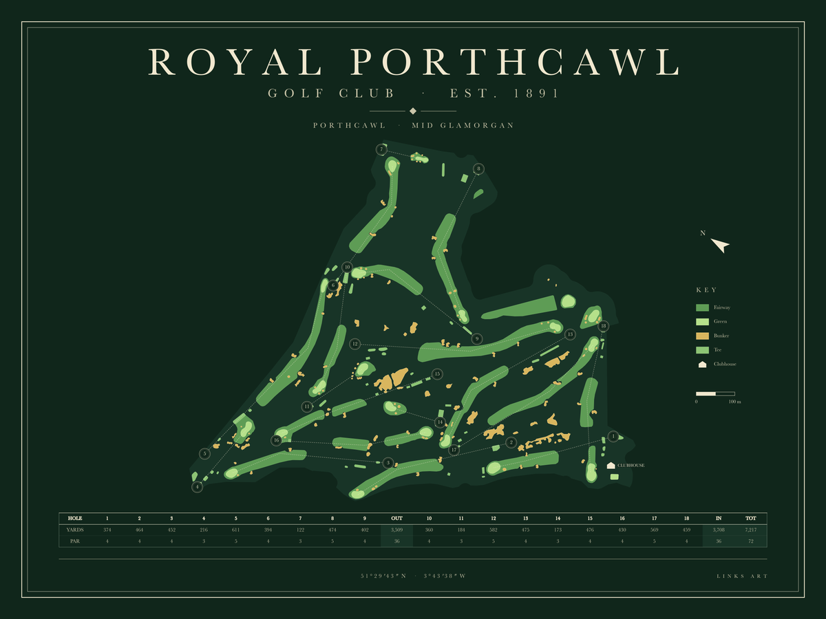 Royal Porthcawl golf course map poster, Fescue, landscape