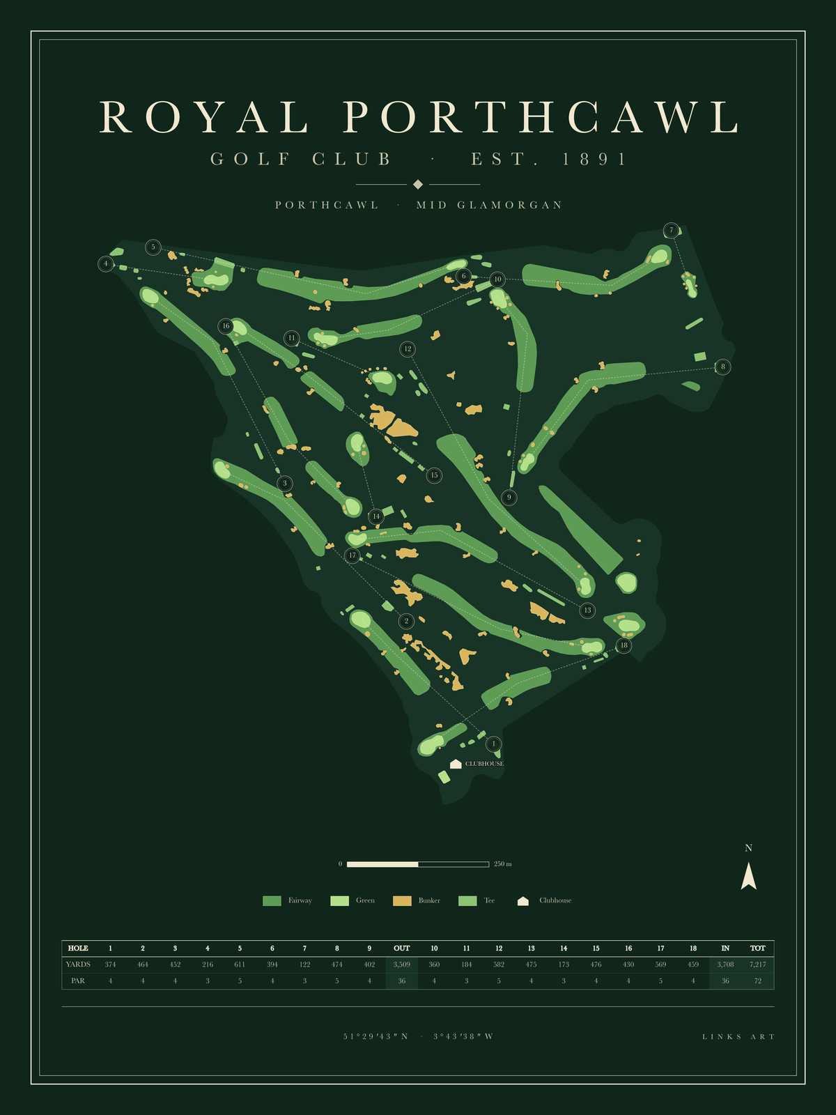Royal Porthcawl golf course map poster, Fescue, portrait