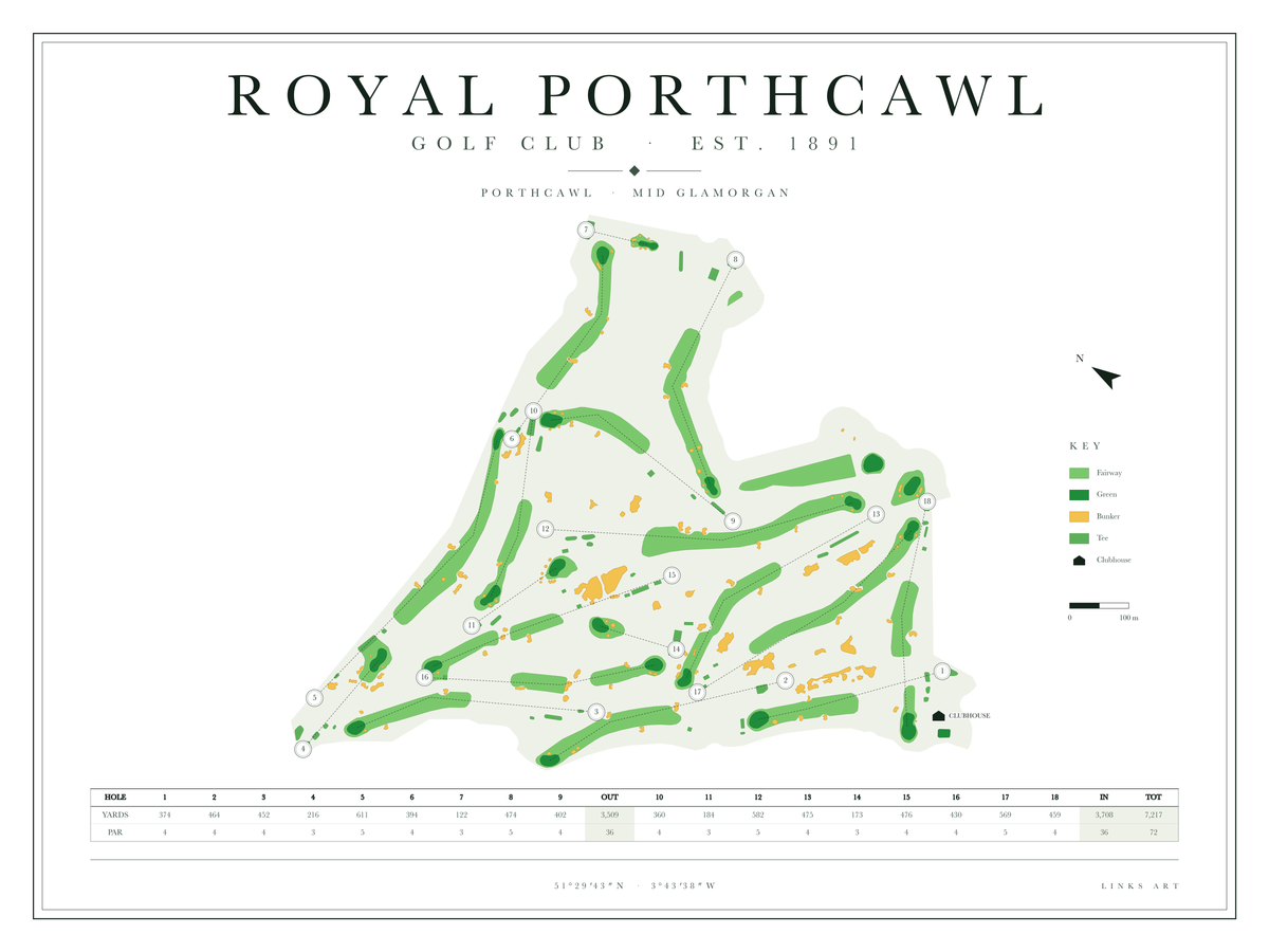 Royal Porthcawl golf course map poster, Chalk, landscape