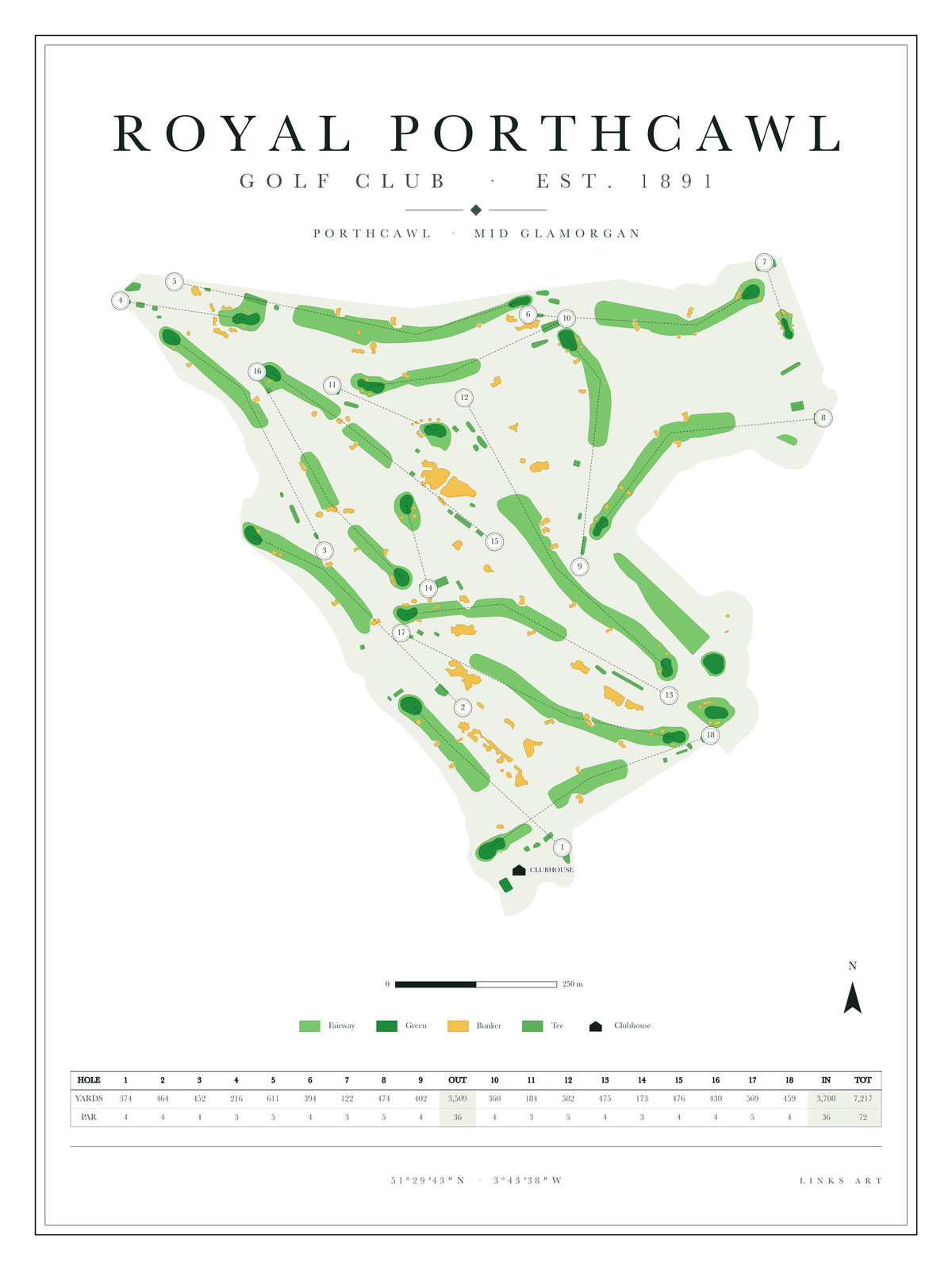 Royal Porthcawl golf course map poster, Chalk, portrait