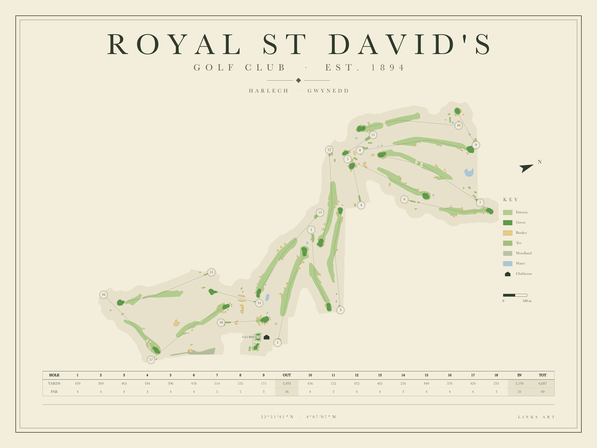 Royal St David's golf course map poster, landscape
