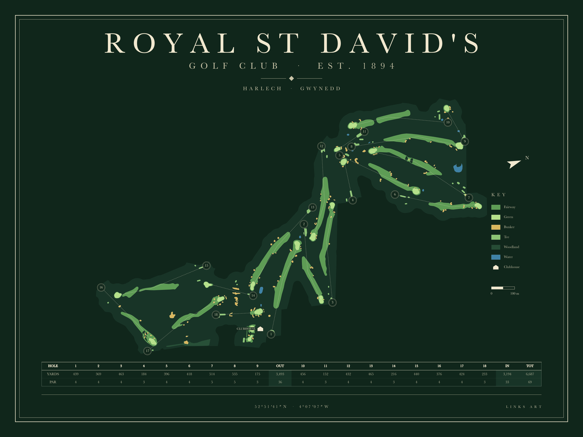 Royal St David's golf course map poster, Fescue, landscape