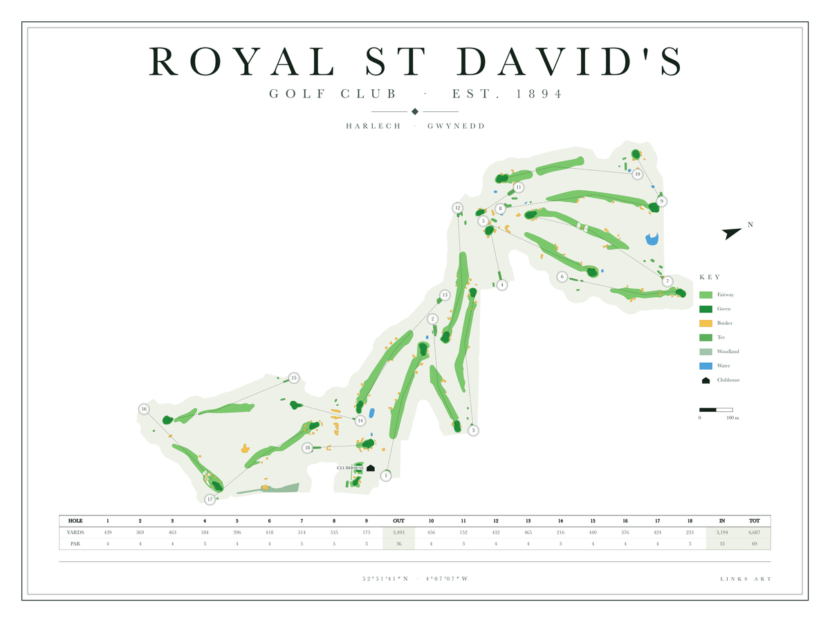 Royal St David's golf course map poster, Chalk, landscape