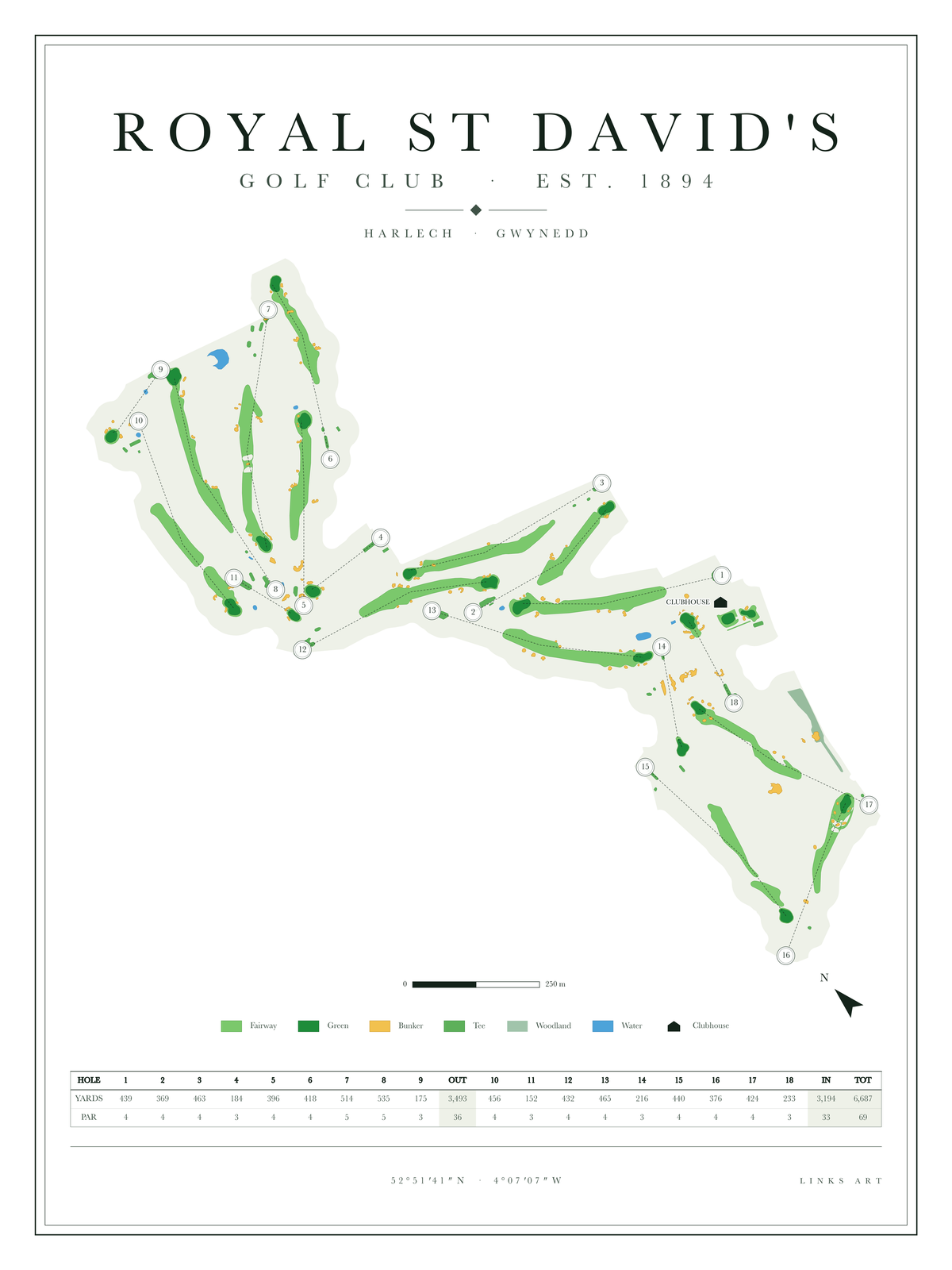 Royal St David's golf course map poster, Chalk, portrait