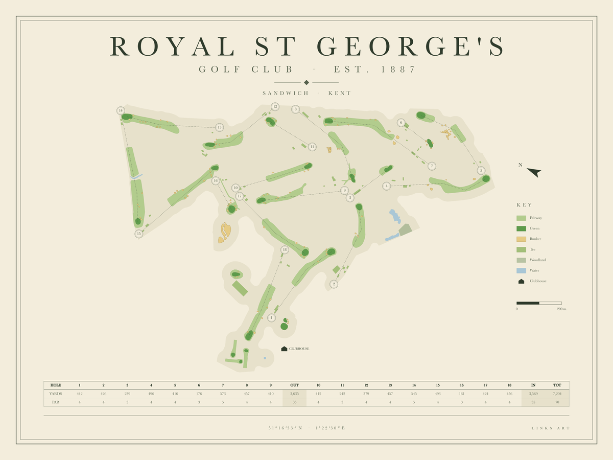 Royal St George's golf course map poster, landscape