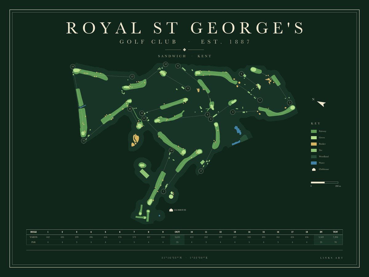 Royal St George's golf course map poster, Fescue, landscape