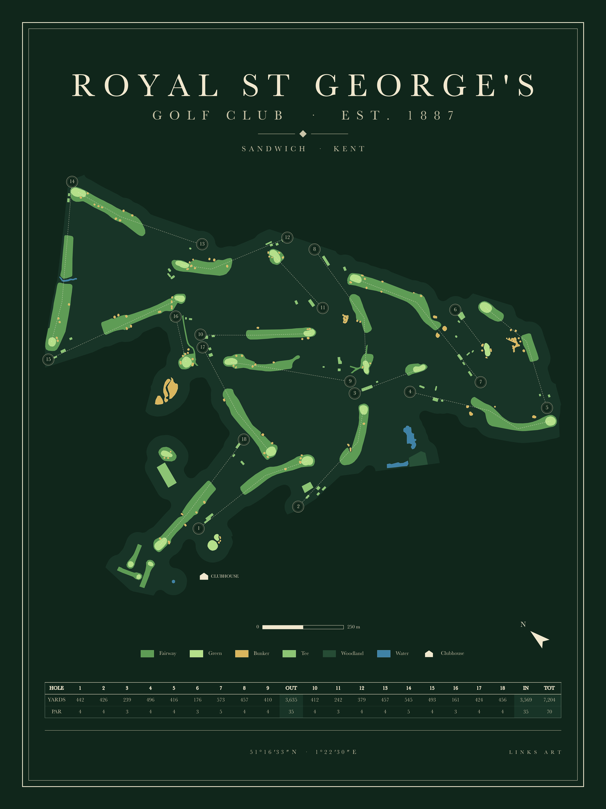 Royal St George's golf course map poster, Fescue, portrait