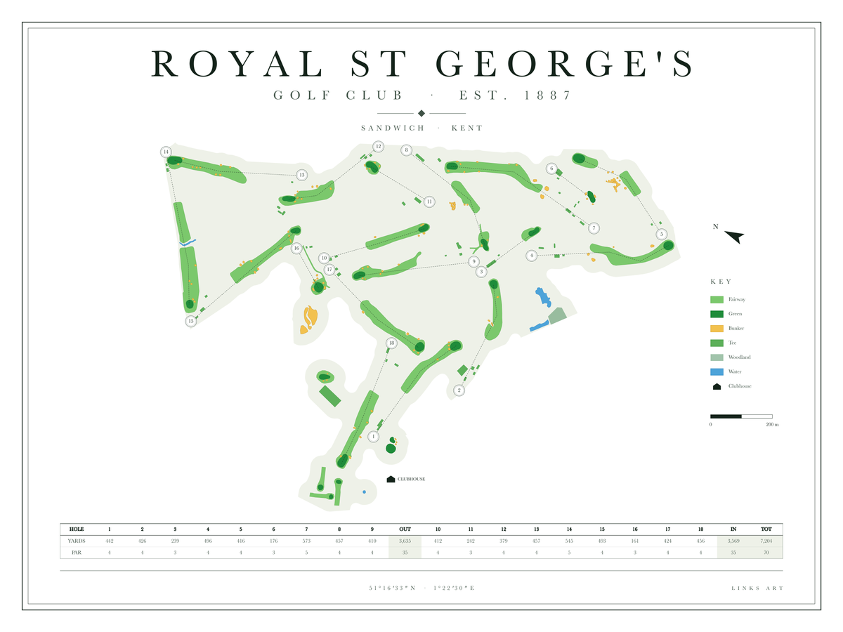 Royal St George's golf course map poster, Chalk, landscape